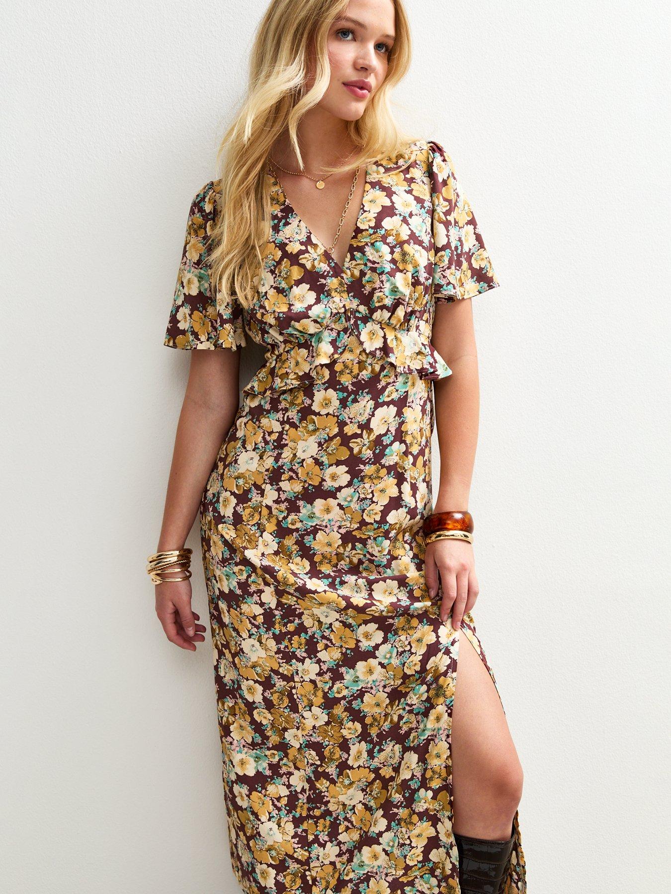  image of new-look-brown-floral-print-ruffle-trim-midi-dress-yellow
