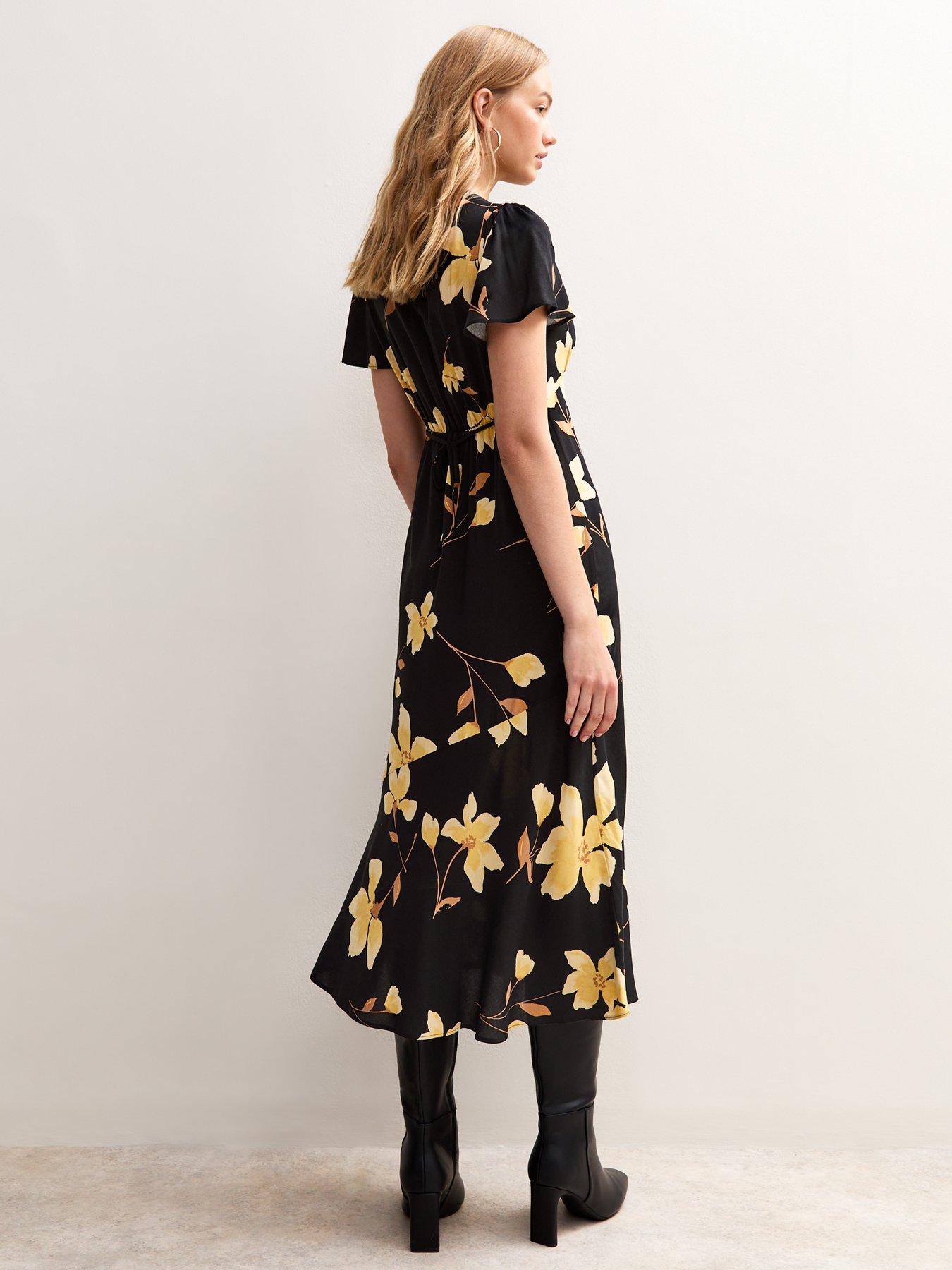  image of new-look-floral-print-tiered-midi-dress-black