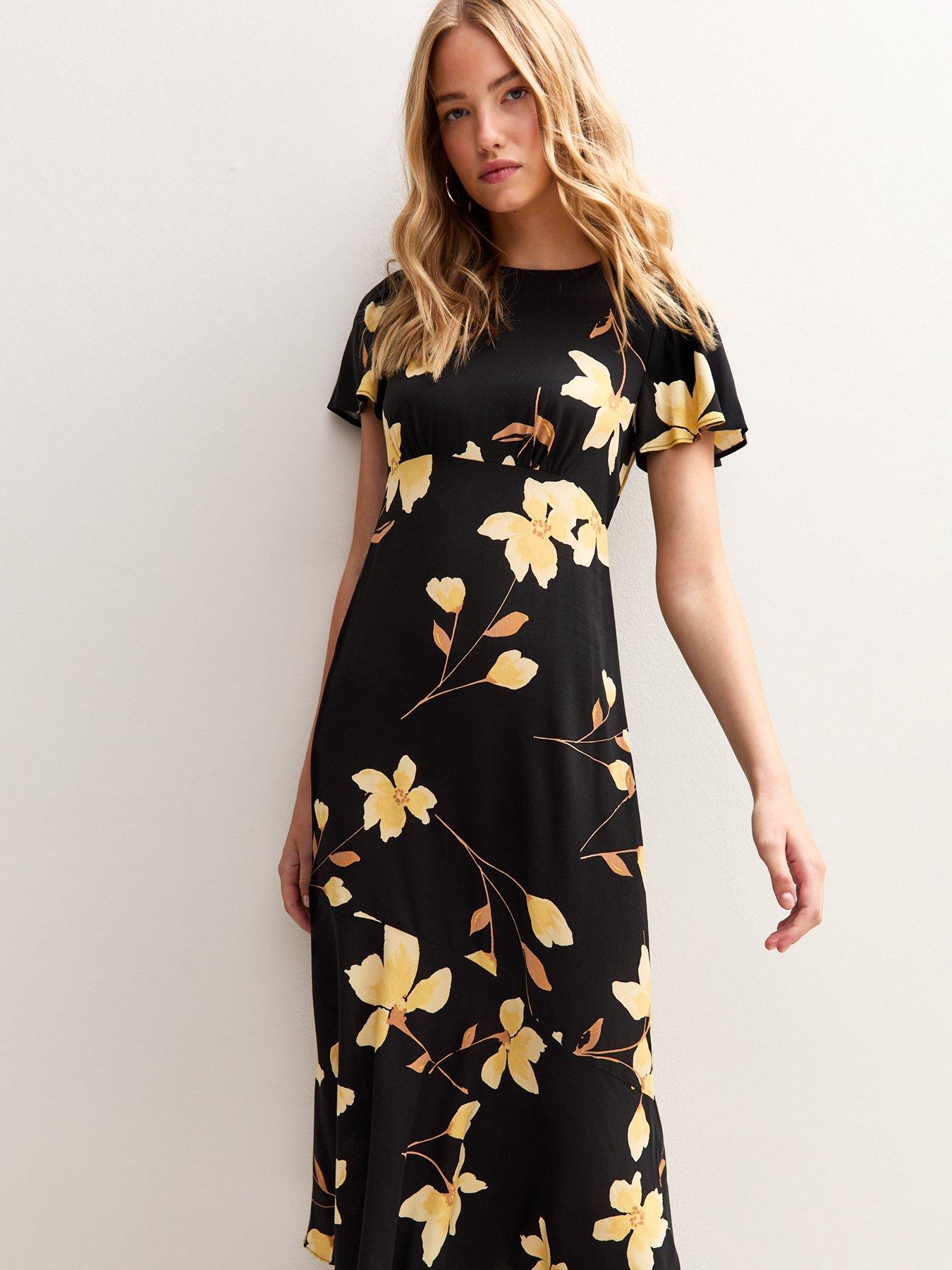  image of new-look-floral-print-tiered-midi-dress-black