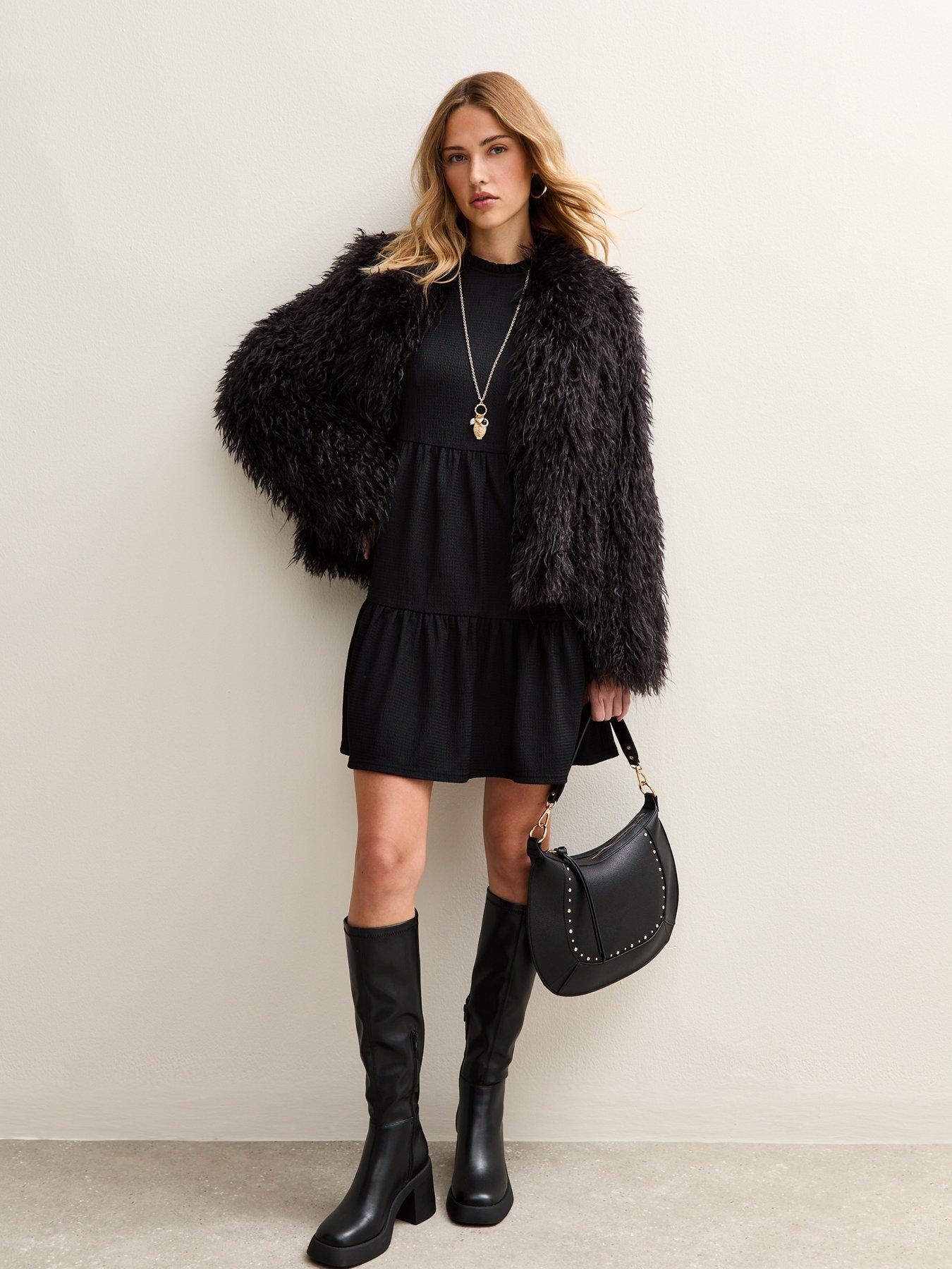 Image 3 of 6 of New Look Smocked Tiered Mini Dress - Black