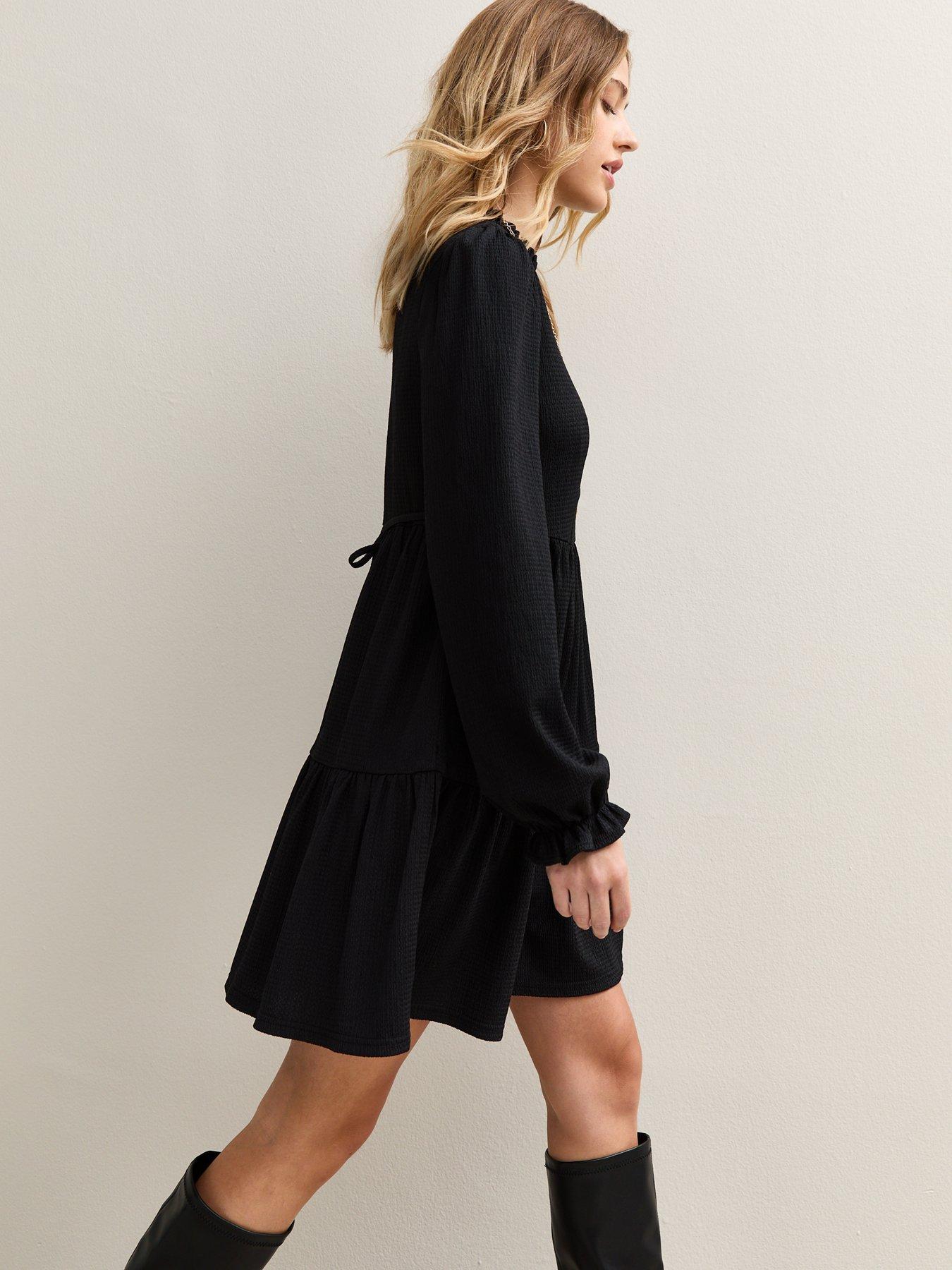 Image 6 of 6 of New Look Smocked Tiered Mini Dress - Black