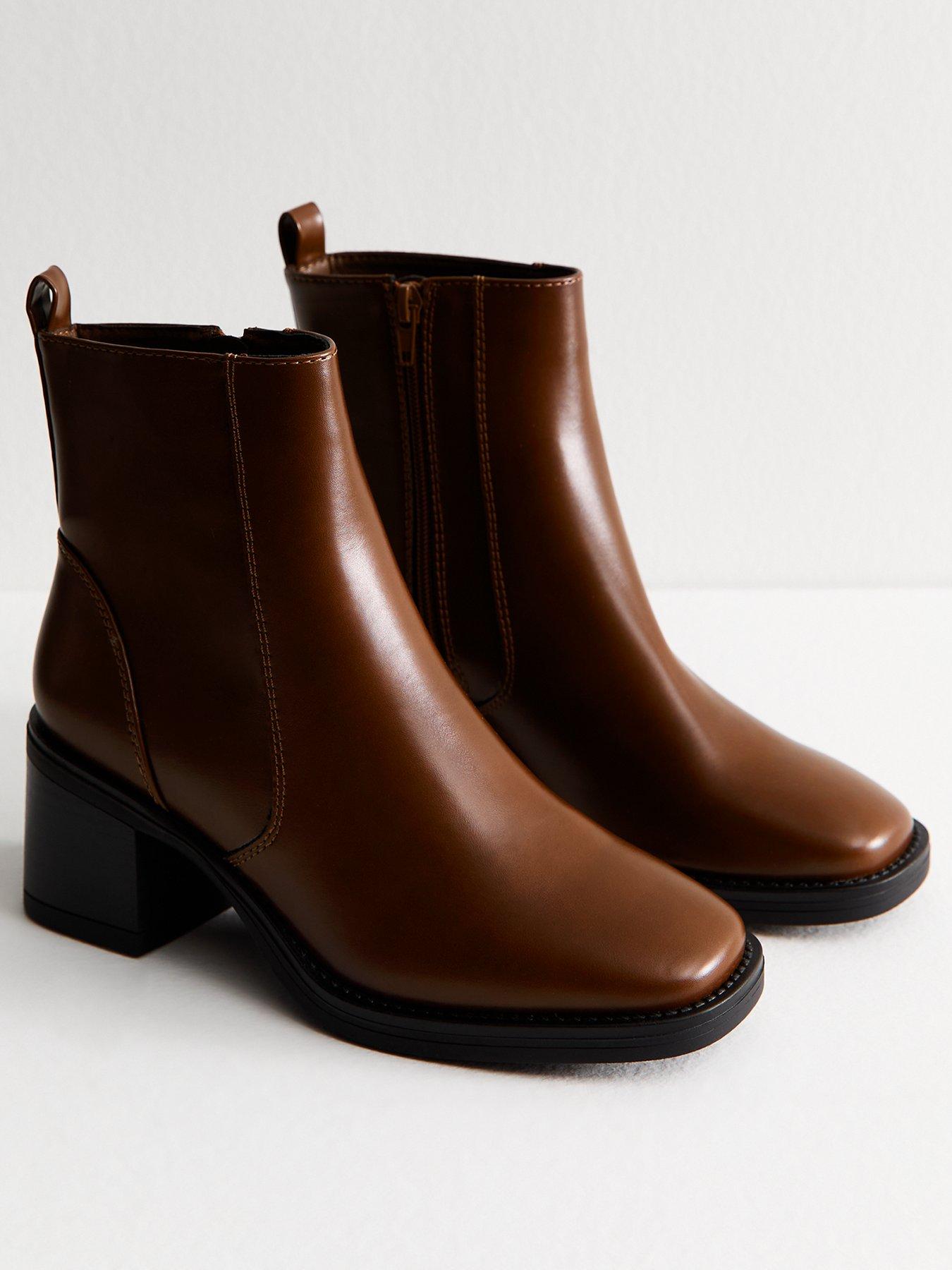 Image 2 of 5 of New Look Brown Faux Leather Block Heel Ankle Boots