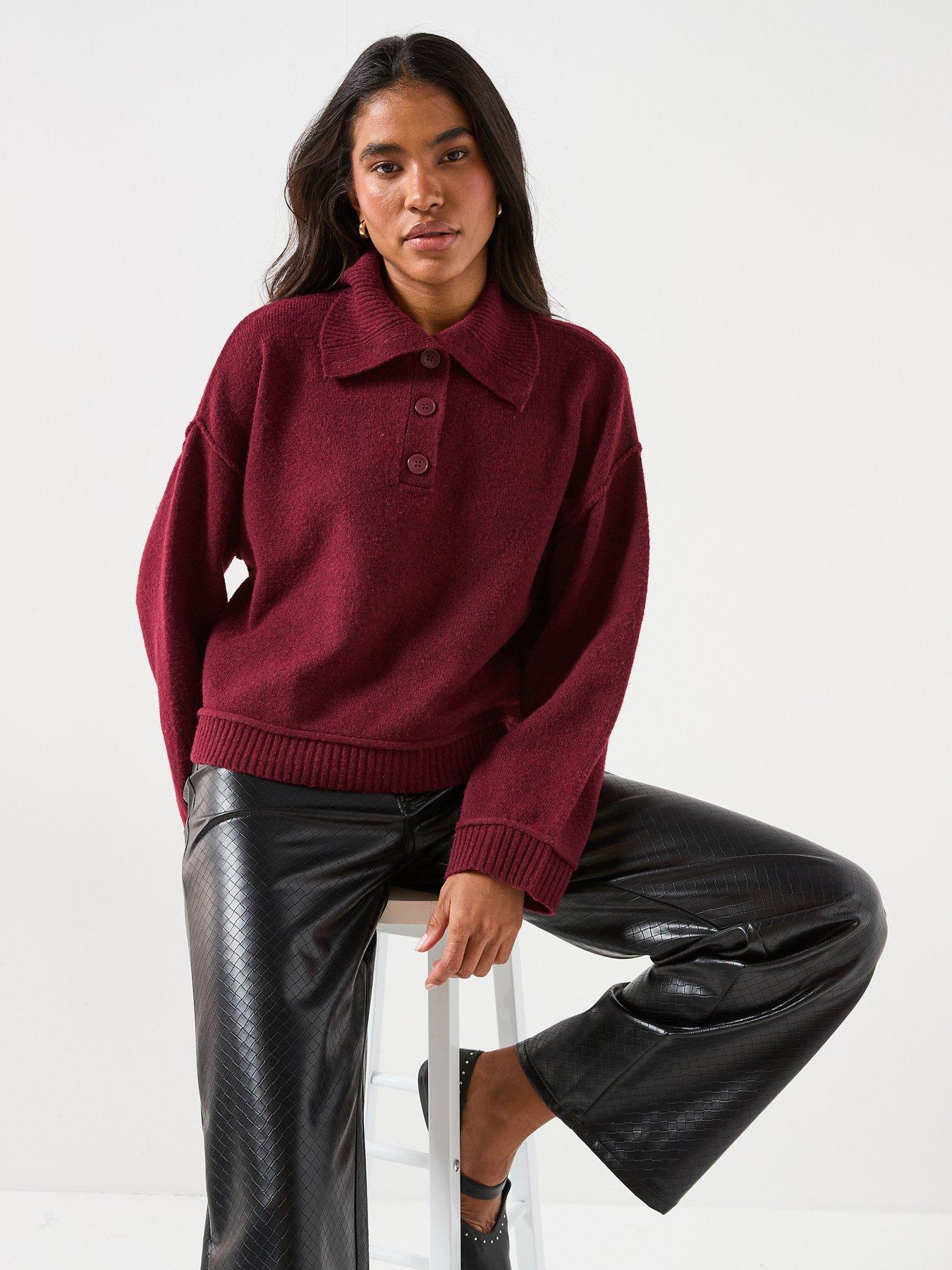 Only Haze Button Collared Knit Jumper - Red