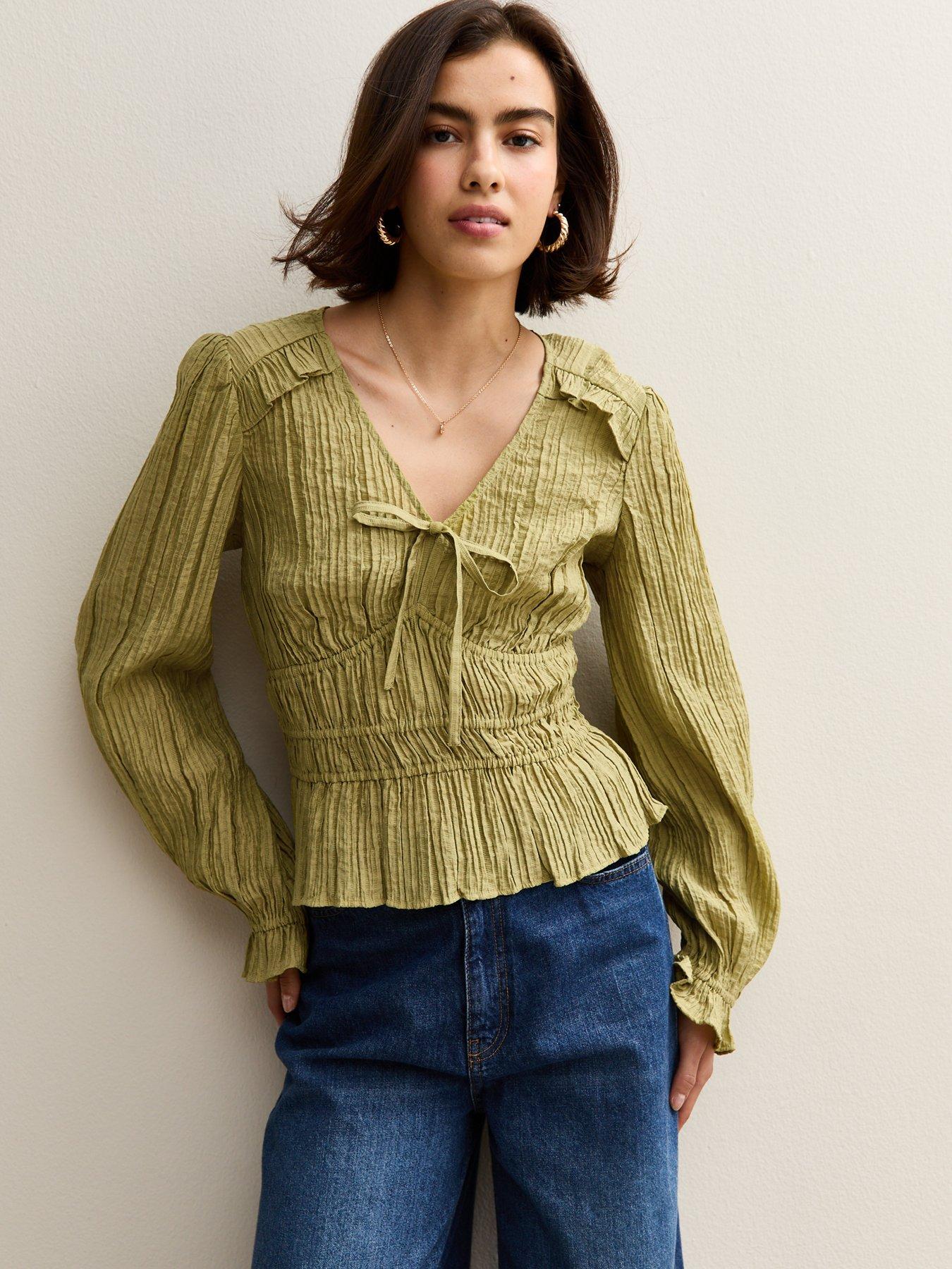 undefined Textured V-neck Top - Green