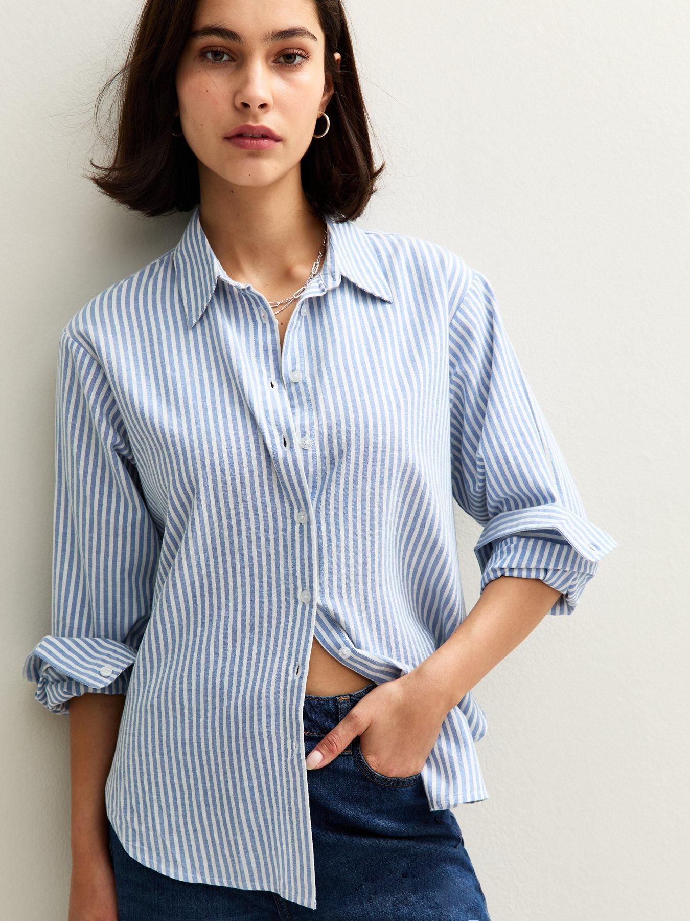 image of new-look-striped-long-sleeve-oxford-shirt-blue