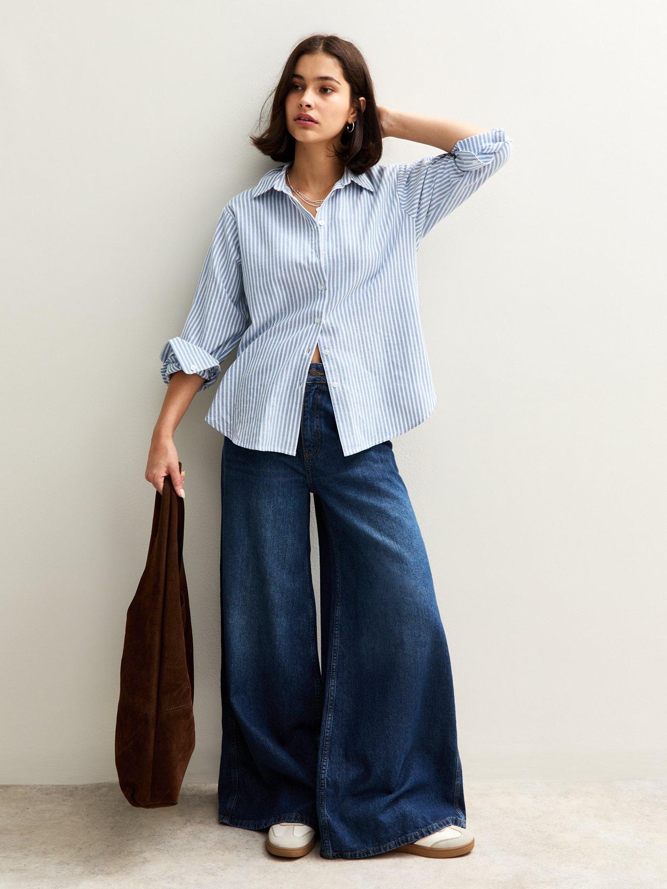  image of new-look-striped-long-sleeve-oxford-shirt-blue