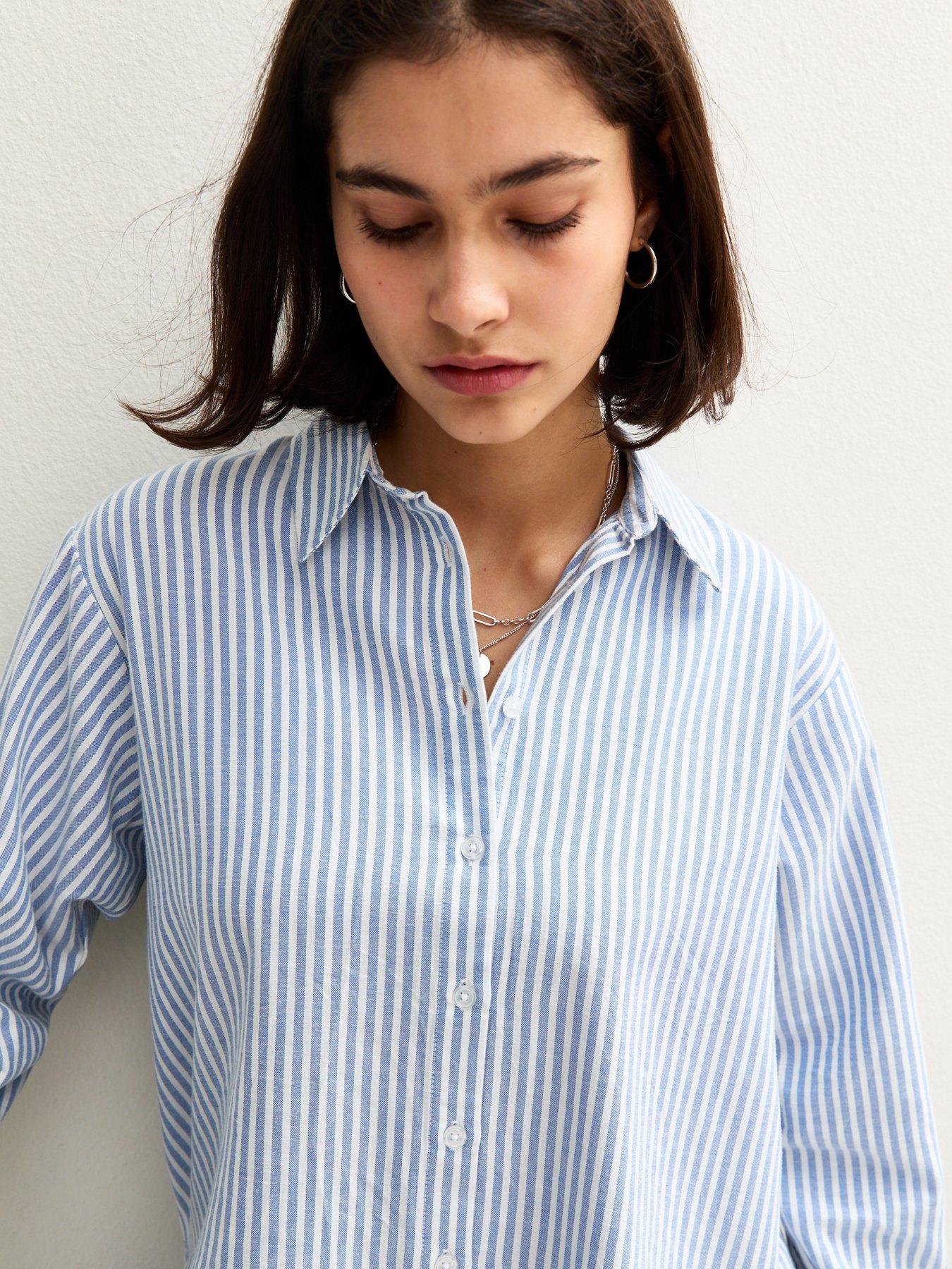  image of new-look-striped-long-sleeve-oxford-shirt-blue