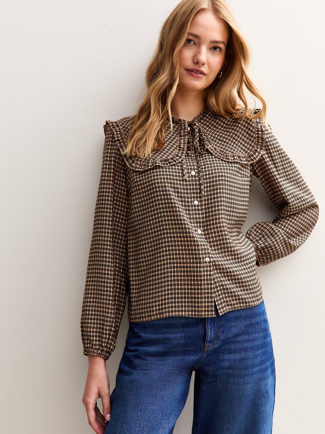  image of new-look-checked-print-frill-collar-shirt-brown
