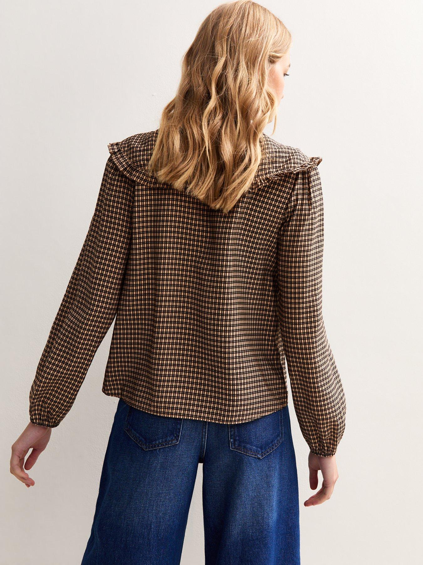 stillFront image of new-look-checked-print-frill-collar-shirt-brown