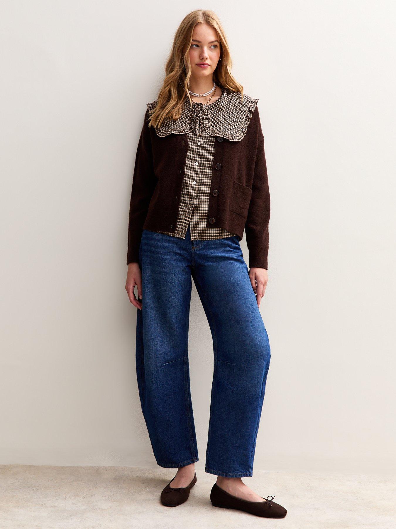  image of new-look-checked-print-frill-collar-shirt-brown