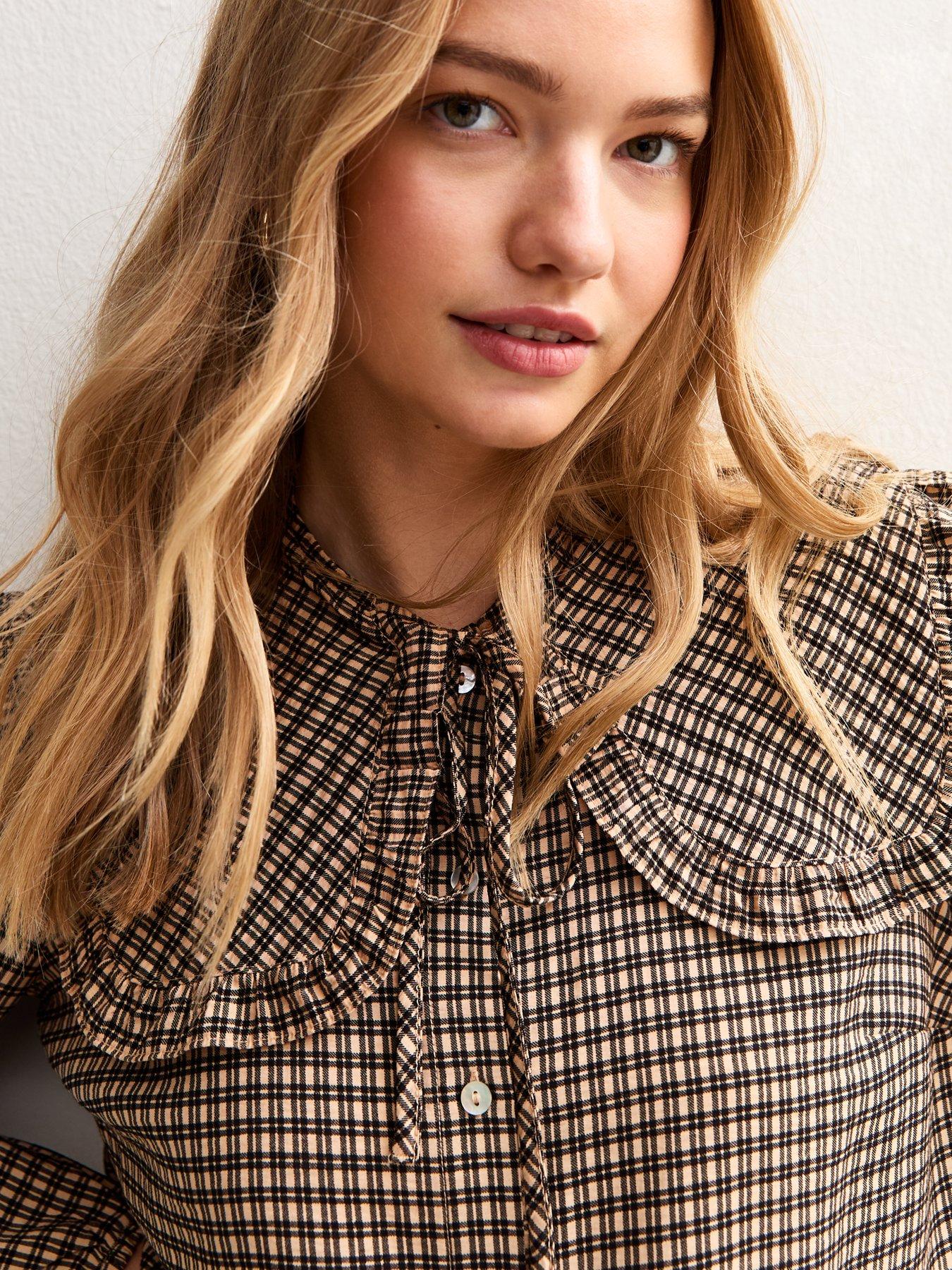  image of new-look-checked-print-frill-collar-shirt-brown