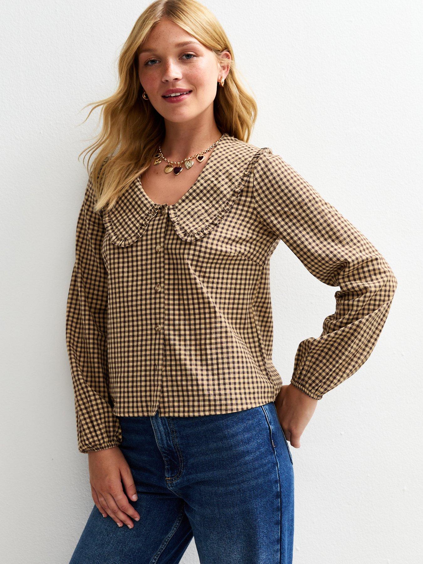 Image 1 of 5 of New Look Brown Gingham Check Frill Collar Blouse