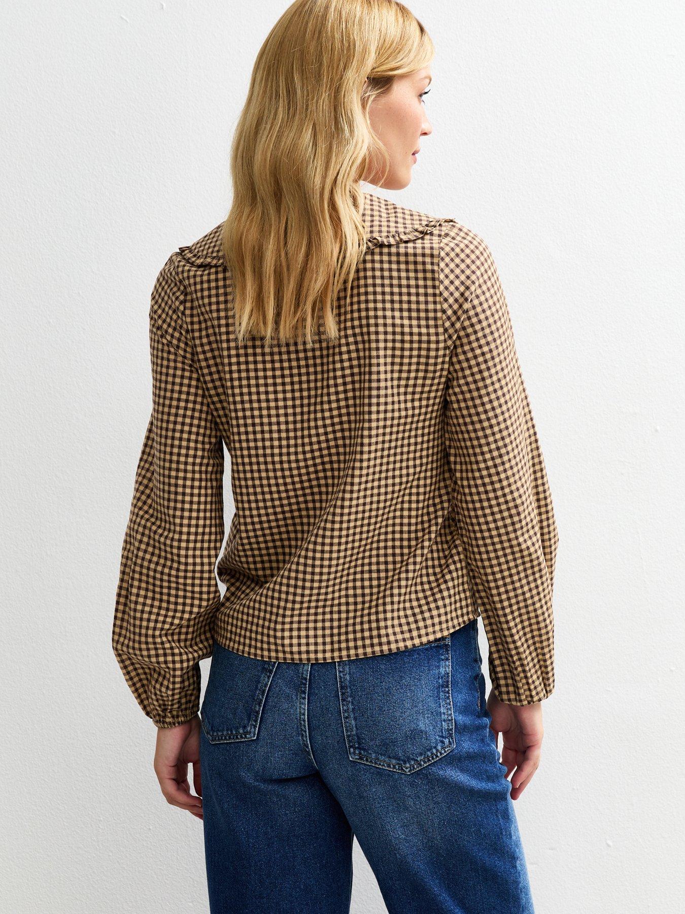 Image 2 of 5 of New Look Brown Gingham Check Frill Collar Blouse