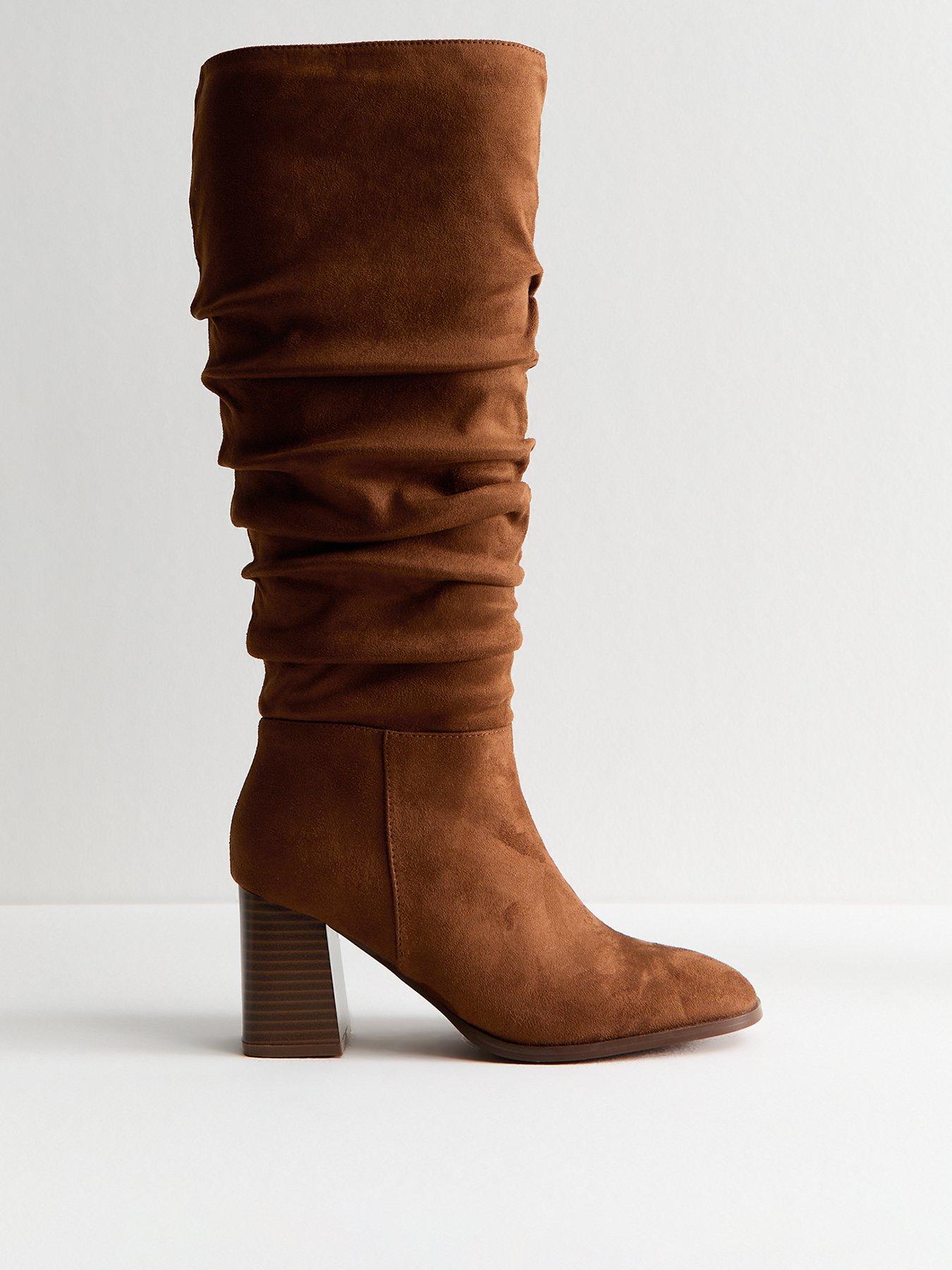Image 1 of 6 of New Look Faux Suede Ruched Knee High Boots - Brown Tan