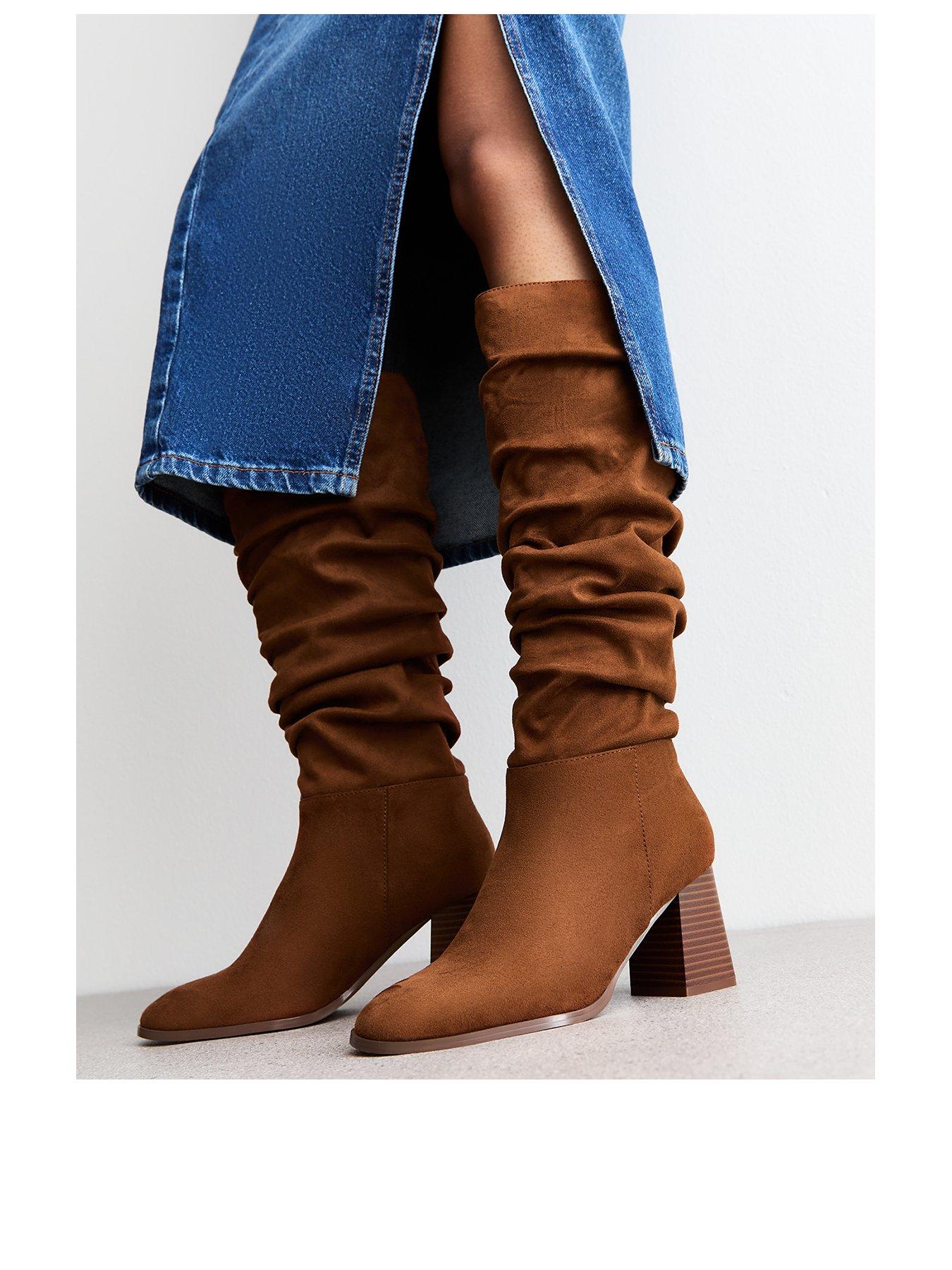 Image 2 of 6 of New Look Faux Suede Ruched Knee High Boots - Brown Tan