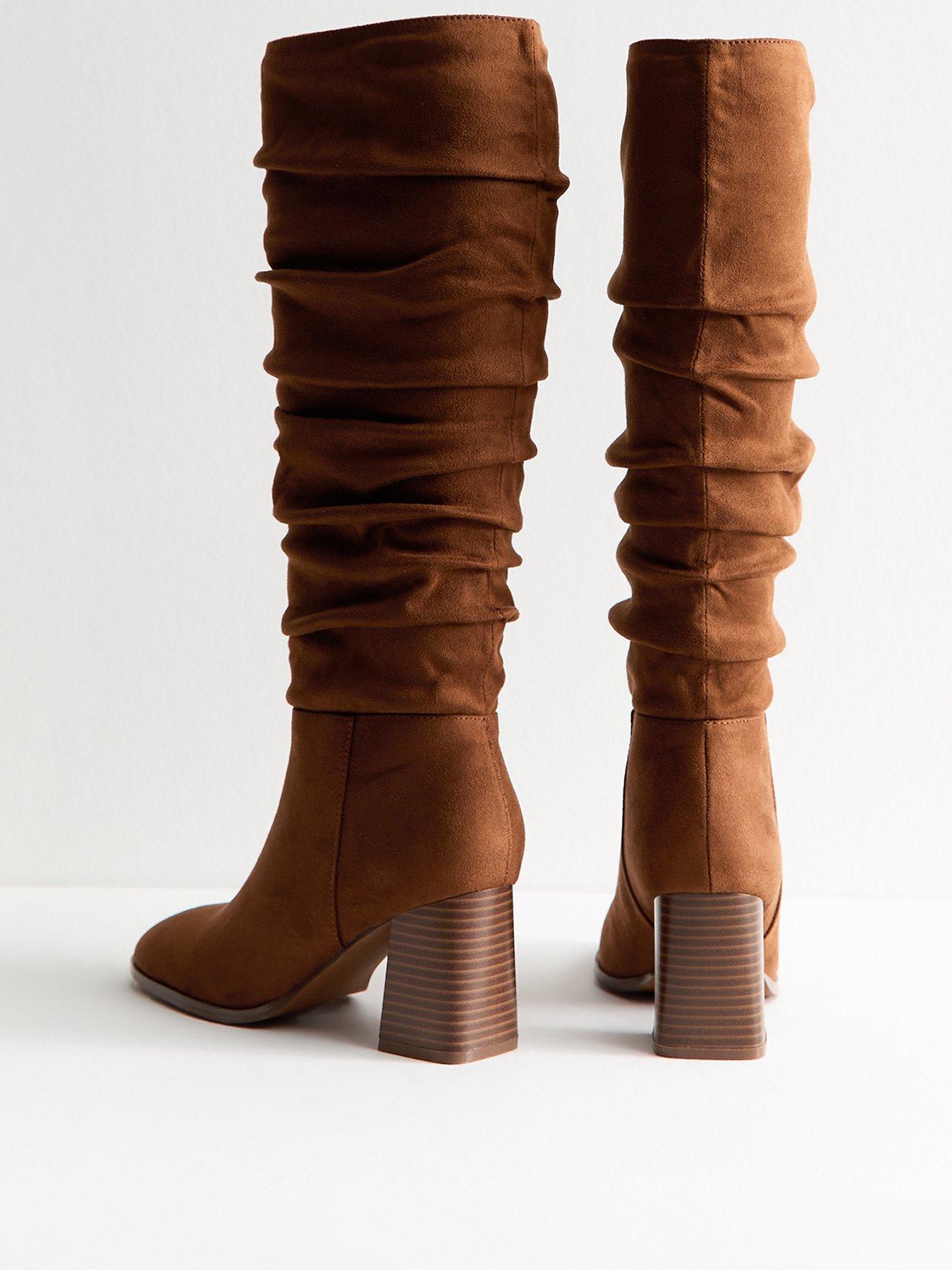 Image 3 of 6 of New Look Faux Suede Ruched Knee High Boots - Brown Tan