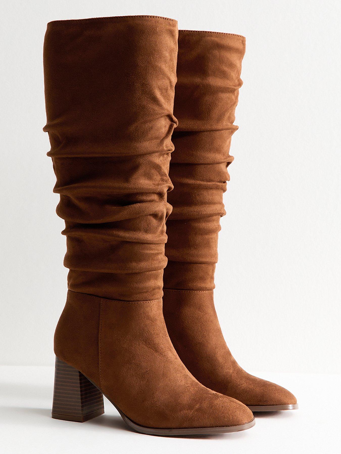 Image 4 of 6 of New Look Faux Suede Ruched Knee High Boots - Brown Tan