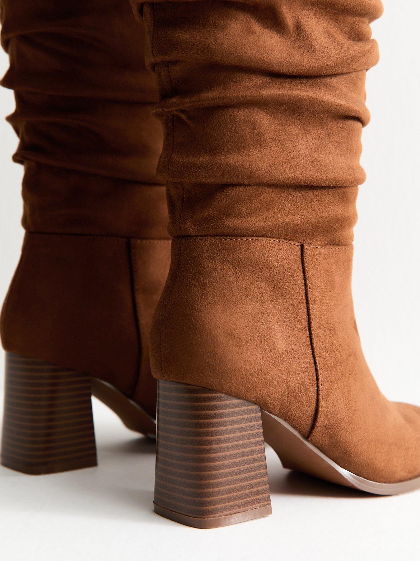 Image 5 of 6 of New Look Faux Suede Ruched Knee High Boots - Brown Tan