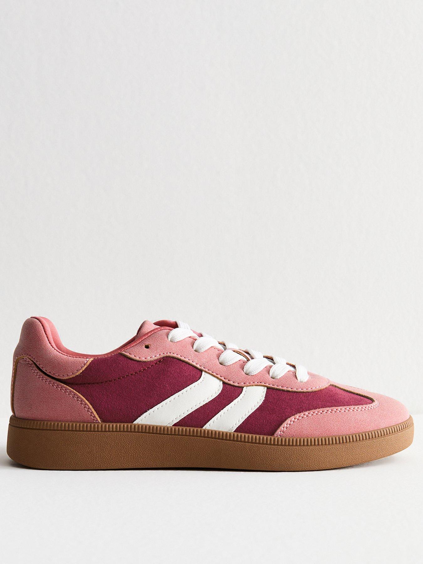 Image 1 of 6 of New Look Faux Suede Contrast Panelled Lace Up Trainers - Pink