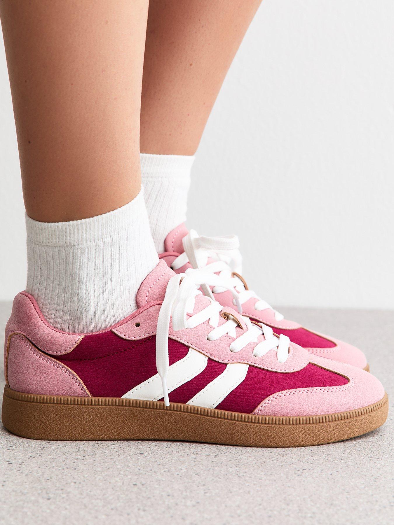 Image 2 of 6 of New Look Faux Suede Contrast Panelled Lace Up Trainers - Pink
