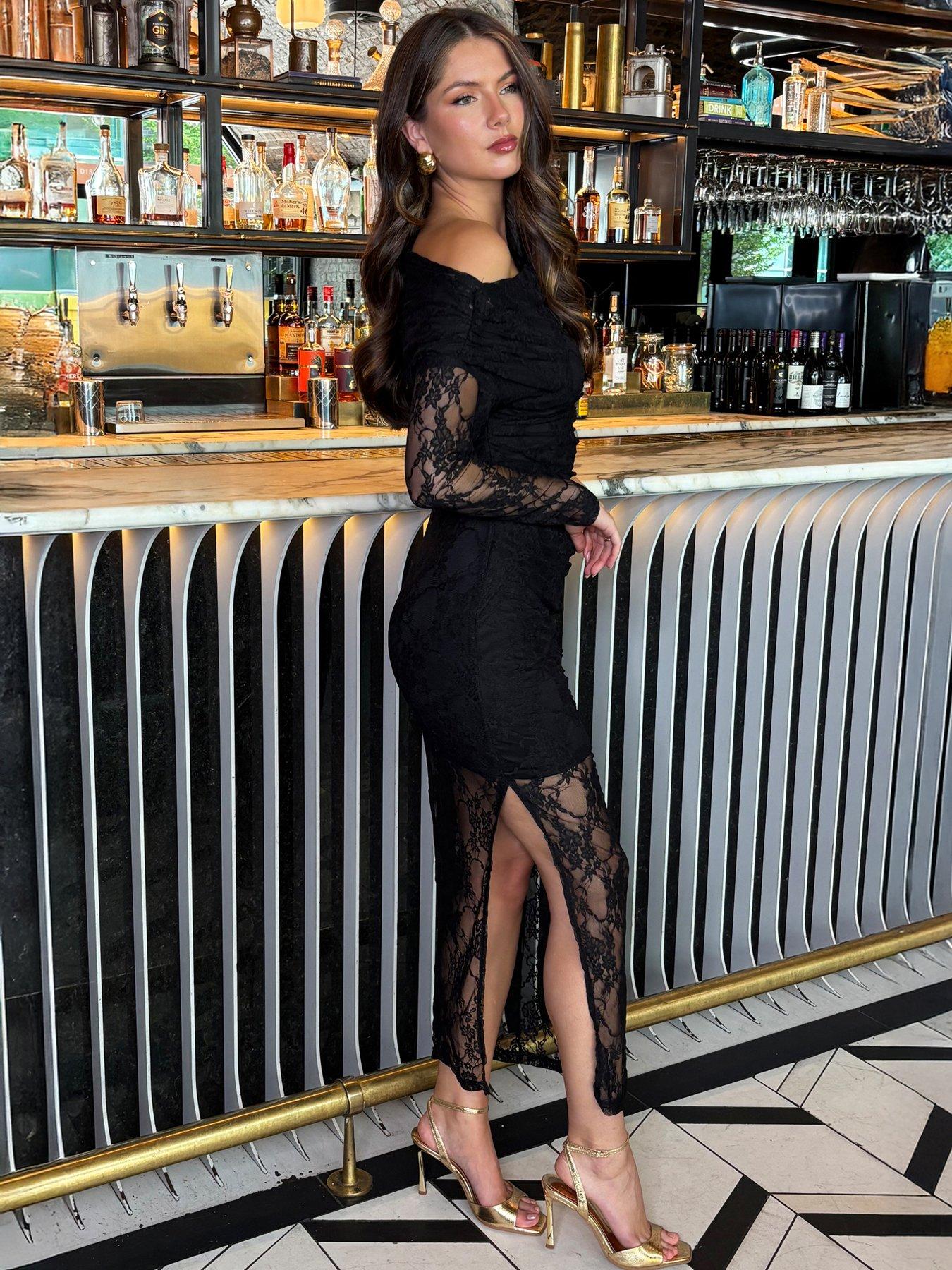 Image 4 of 4 of AX Paris Boat Neck Lace Midi Dress - Black