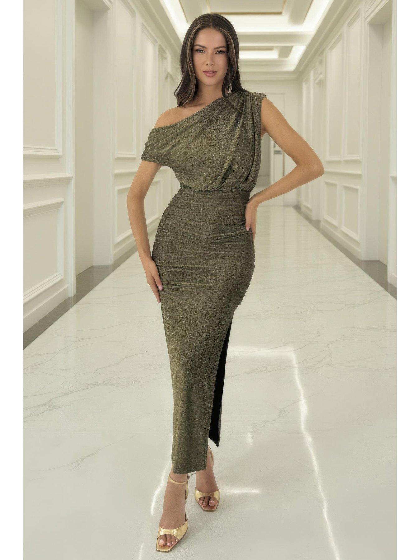 AX Paris Sparkle Off The Shoulder Draped Top Midi Dress - Gold