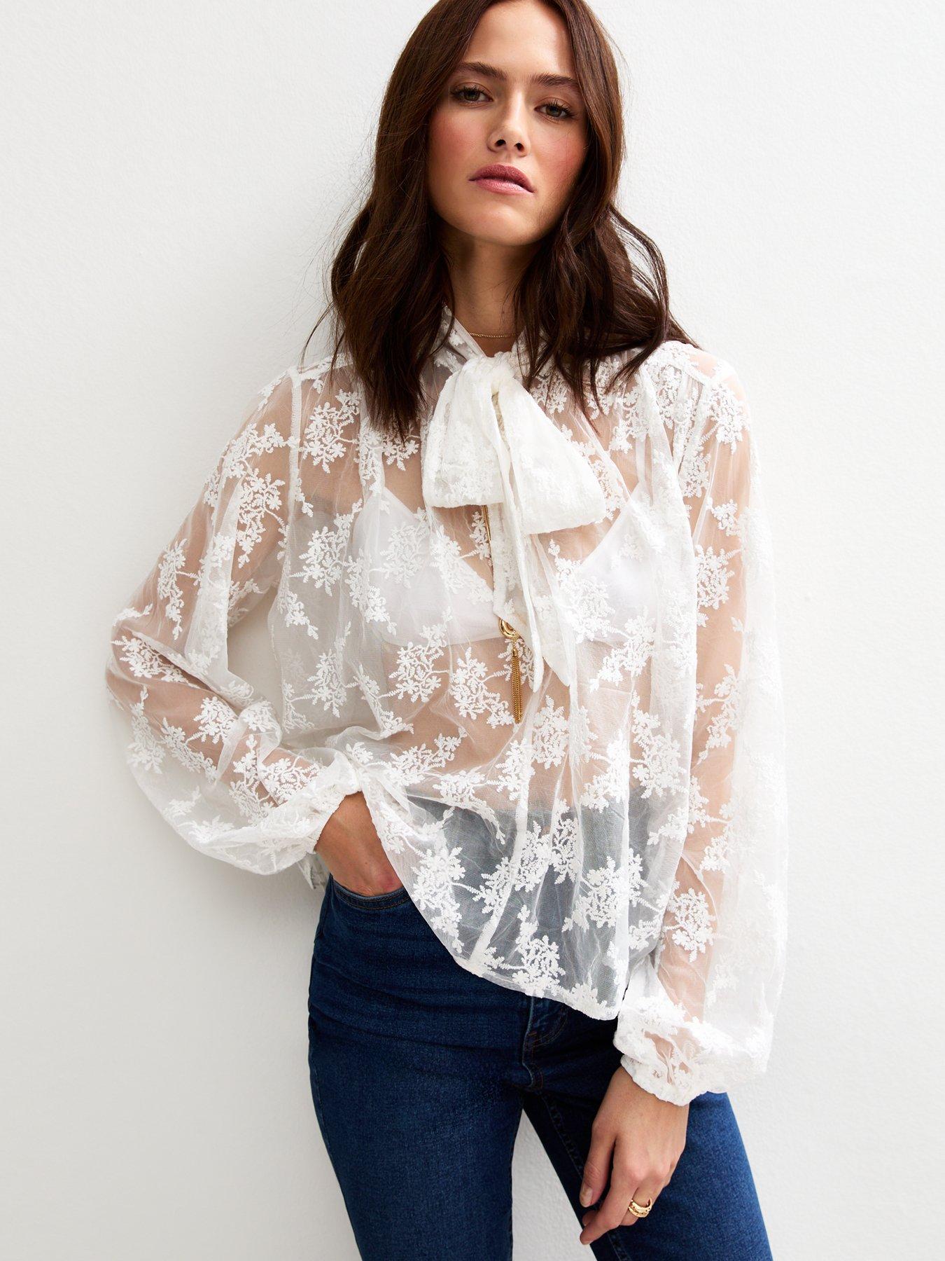 undefined Floral Lace Pussybow Blouse - White