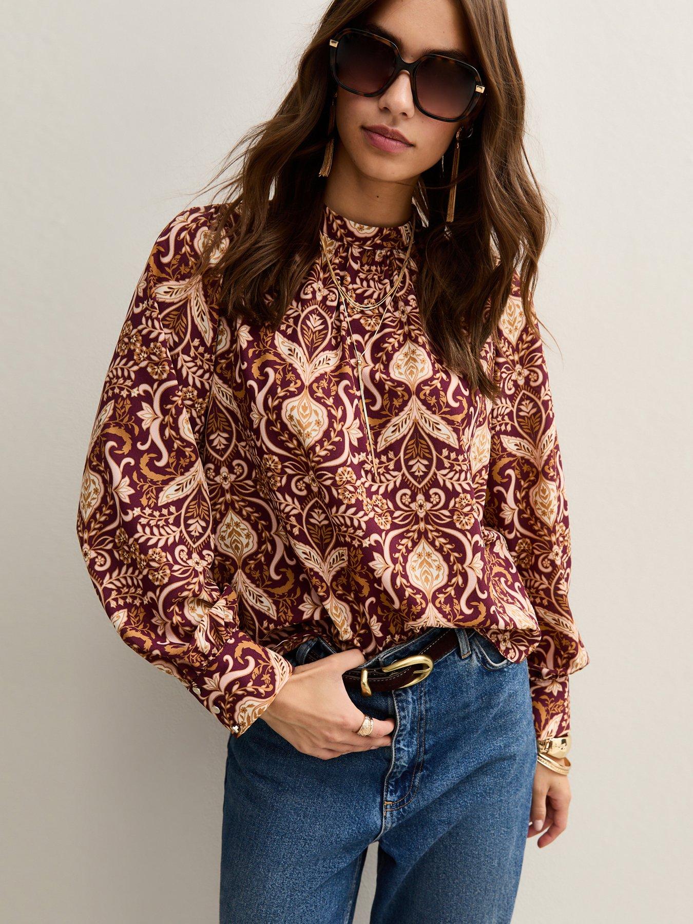 undefined Pink Patterned High Neck Long Sleeve Blouse