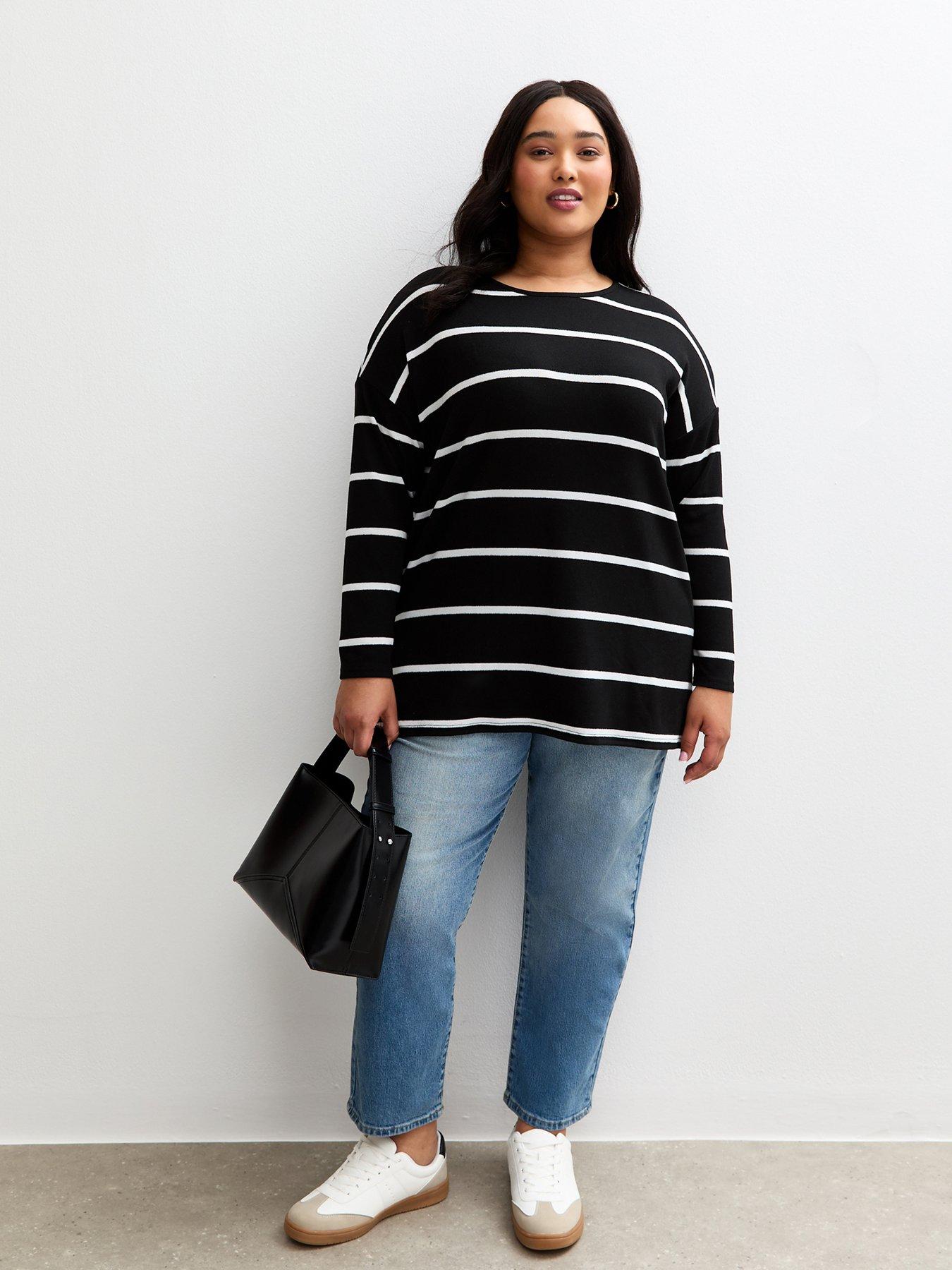  image of new-look-curves-soft-touch-striped-long-sleeve-top-black
