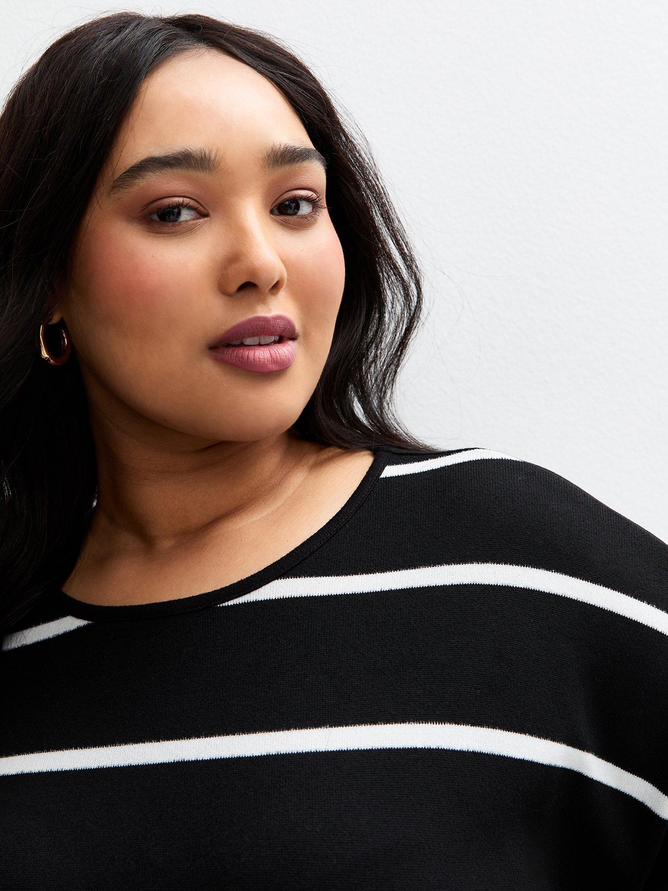  image of new-look-curves-soft-touch-striped-long-sleeve-top-black