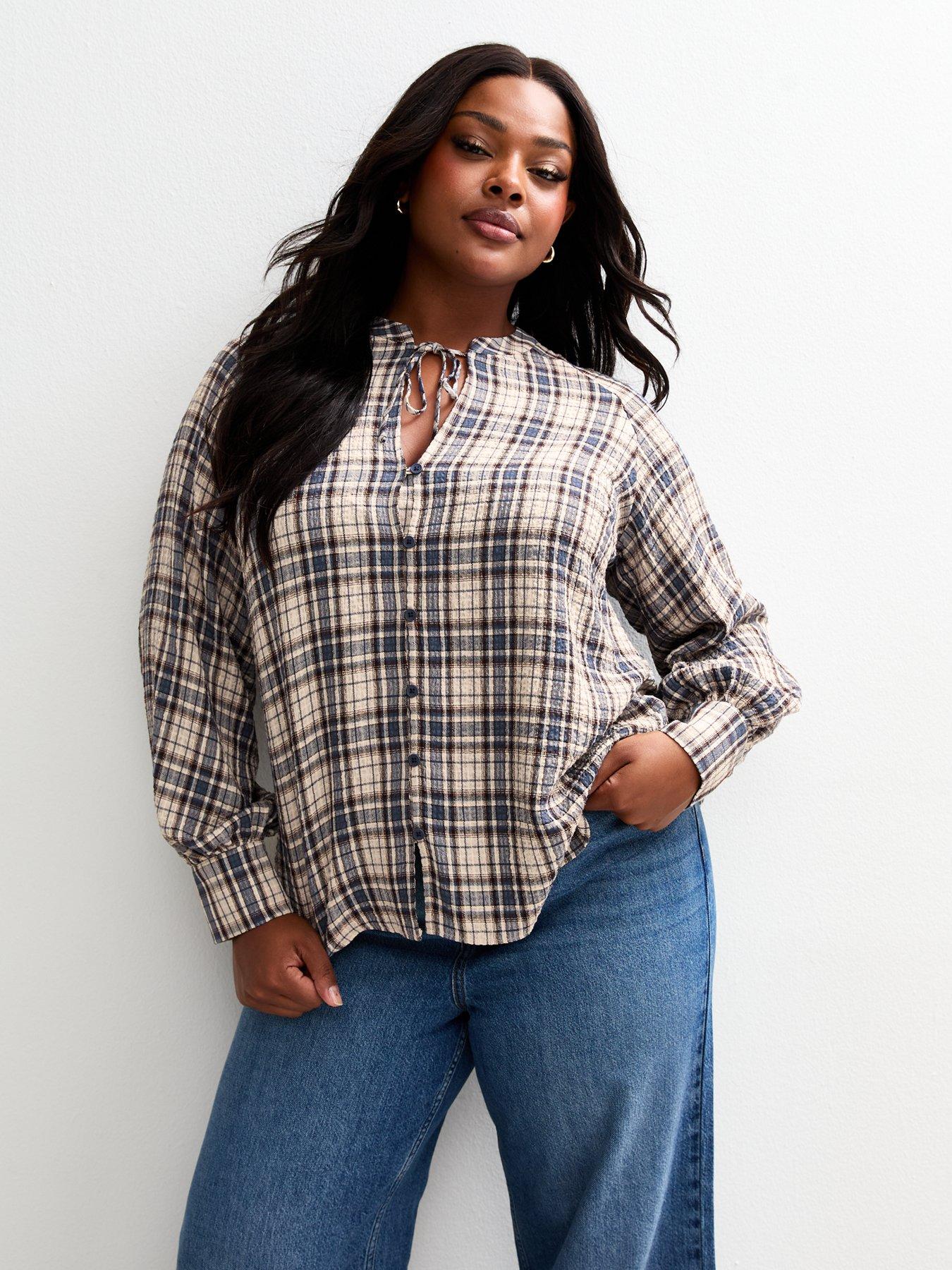 undefined Curves Blue Checked Tie Neck Blouse