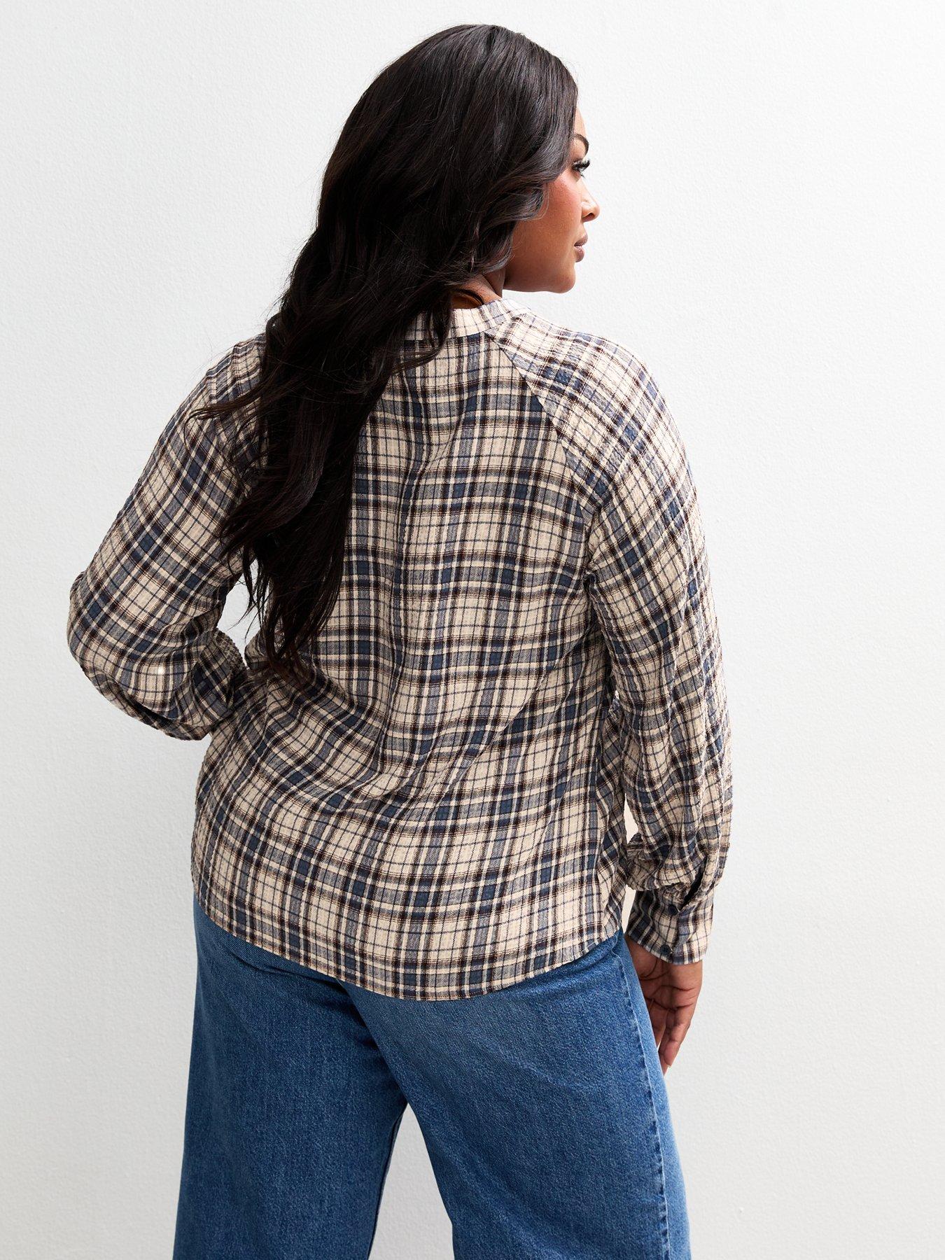 Image 2 of 6 of New Look Curves Blue Checked Tie Neck Blouse