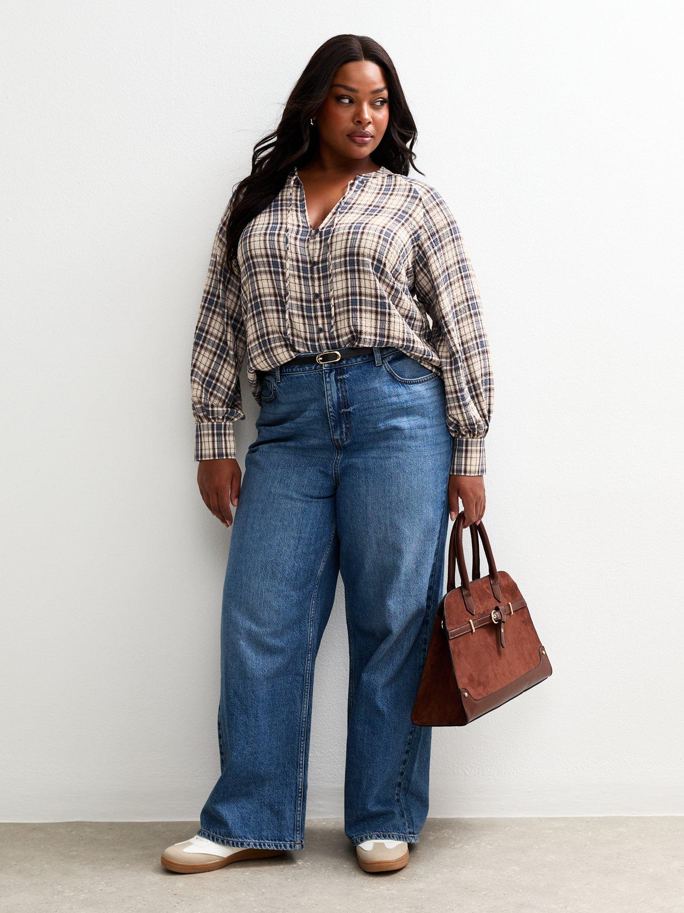 Image 3 of 6 of New Look Curves Blue Checked Tie Neck Blouse