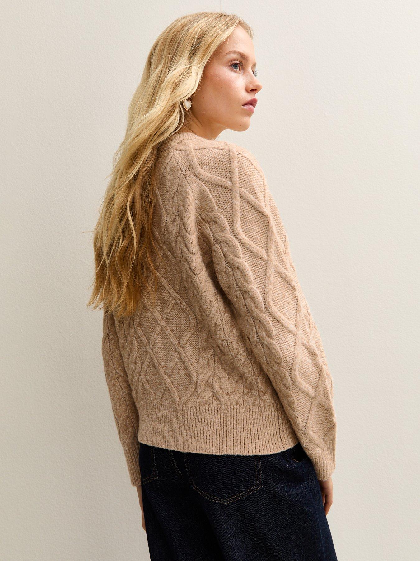  image of new-look-camel-cable-knit-crew-neck-cardigan-camel