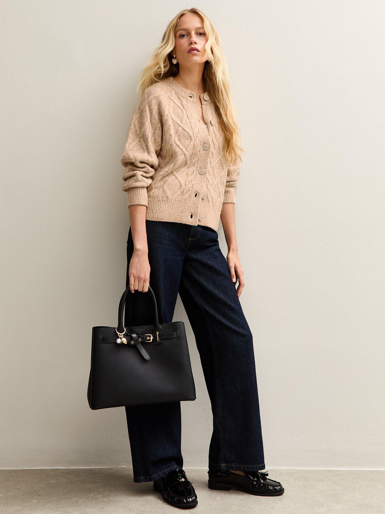 Image 3 of 5 of New Look Cable Knit Crew Neck Cardigan - Camel
