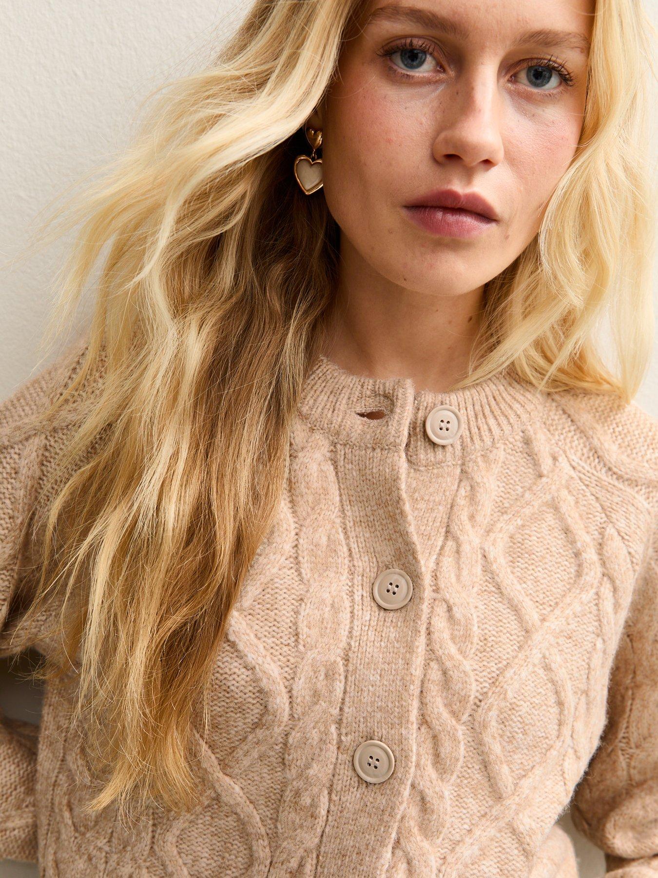 image of new-look-camel-cable-knit-crew-neck-cardigan-camel