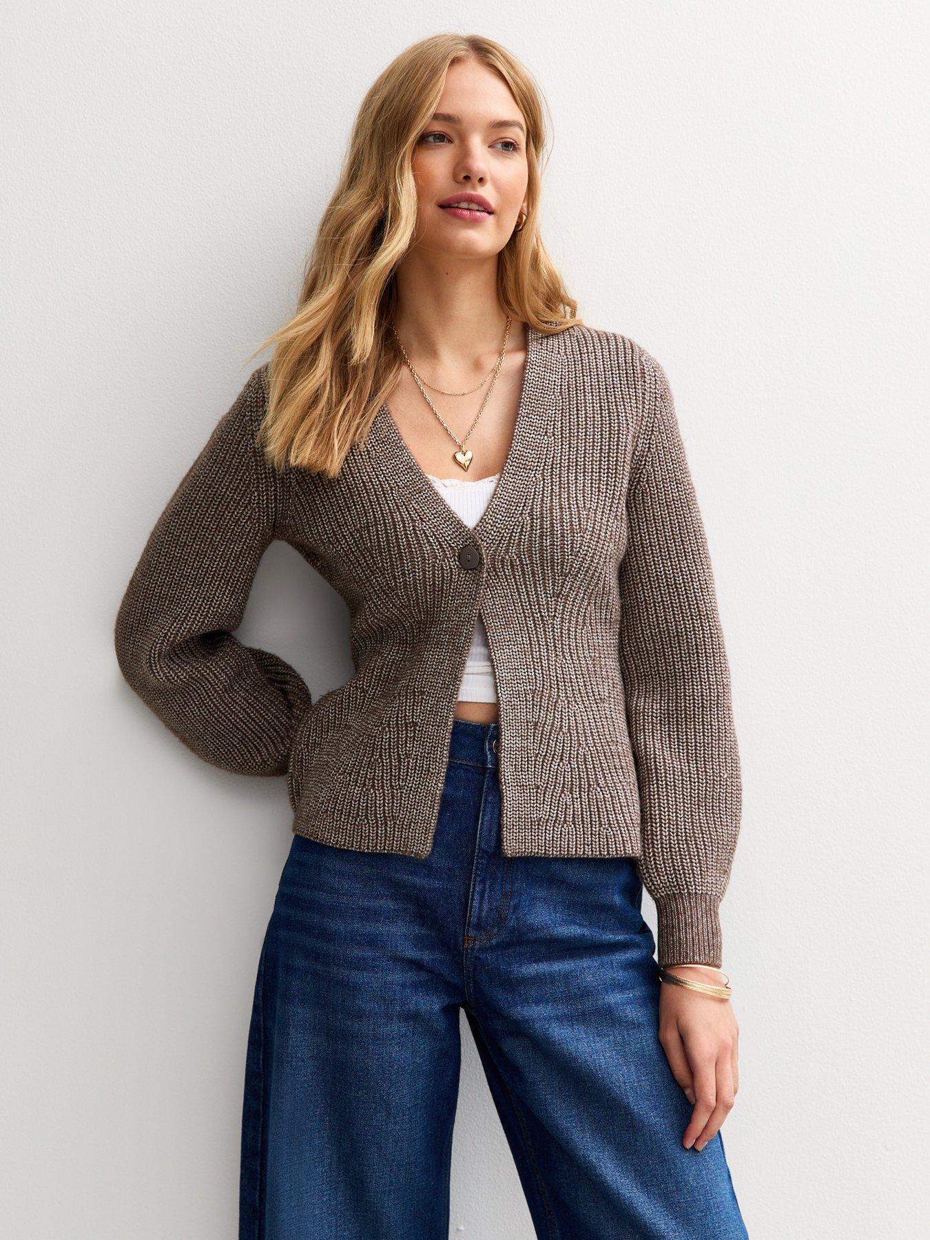 undefined Ribbed Knit Single Button Cardigan - Brown