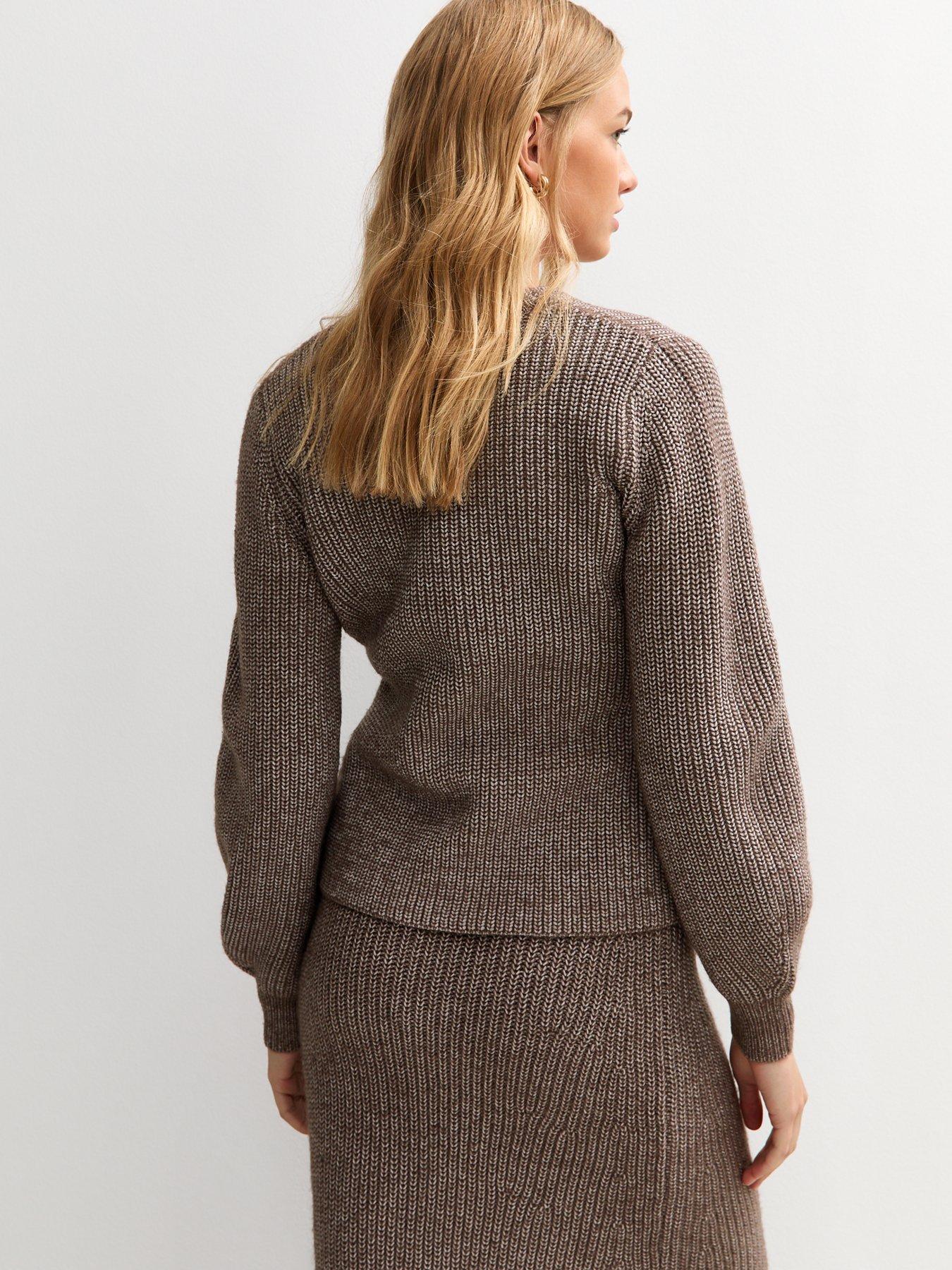 Image 2 of 6 of New Look Ribbed Knit Single Button Cardigan - Brown