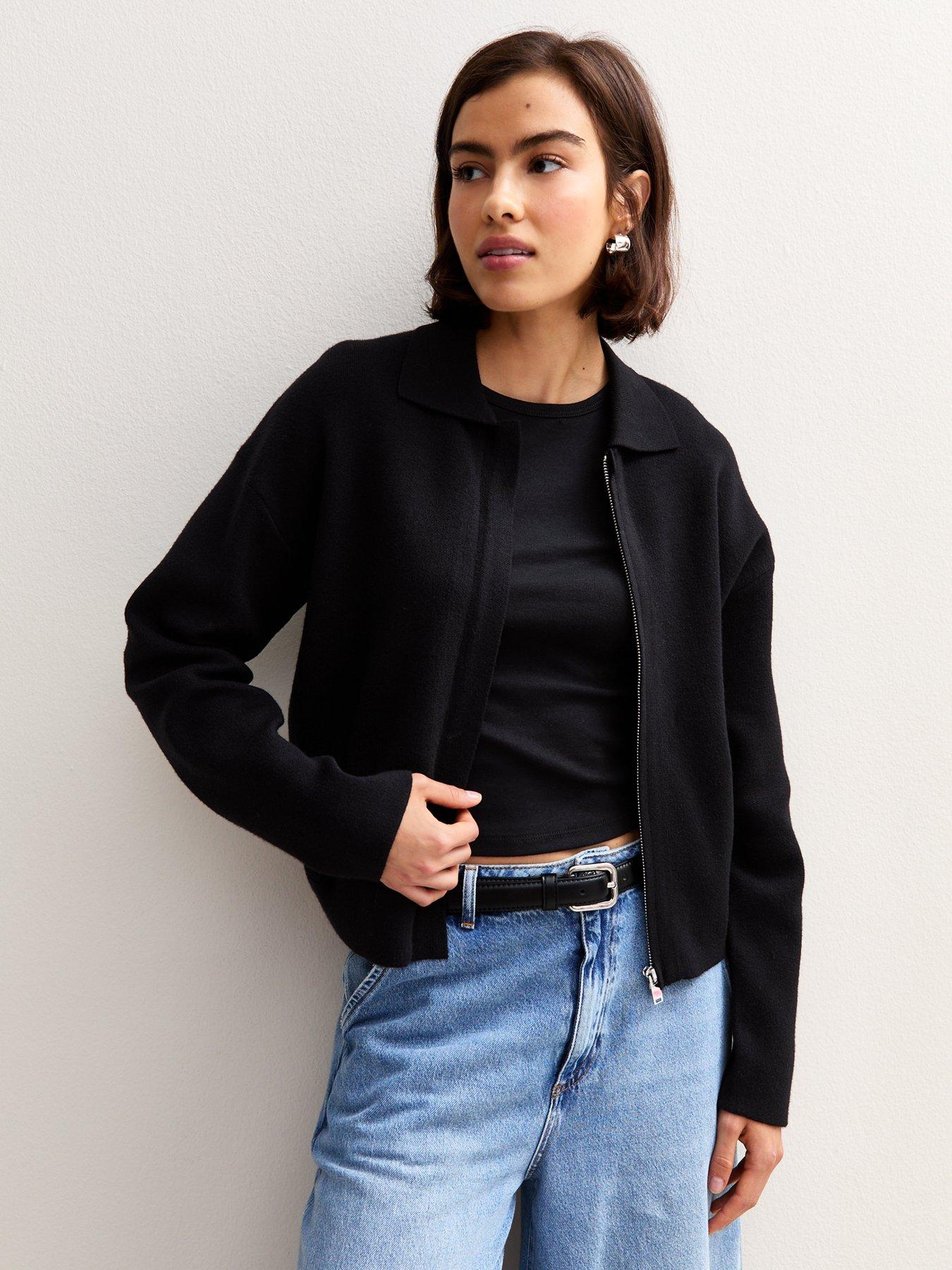 Image 1 of 5 of New Look Compact Knit Zip Through Cardigan - Black
