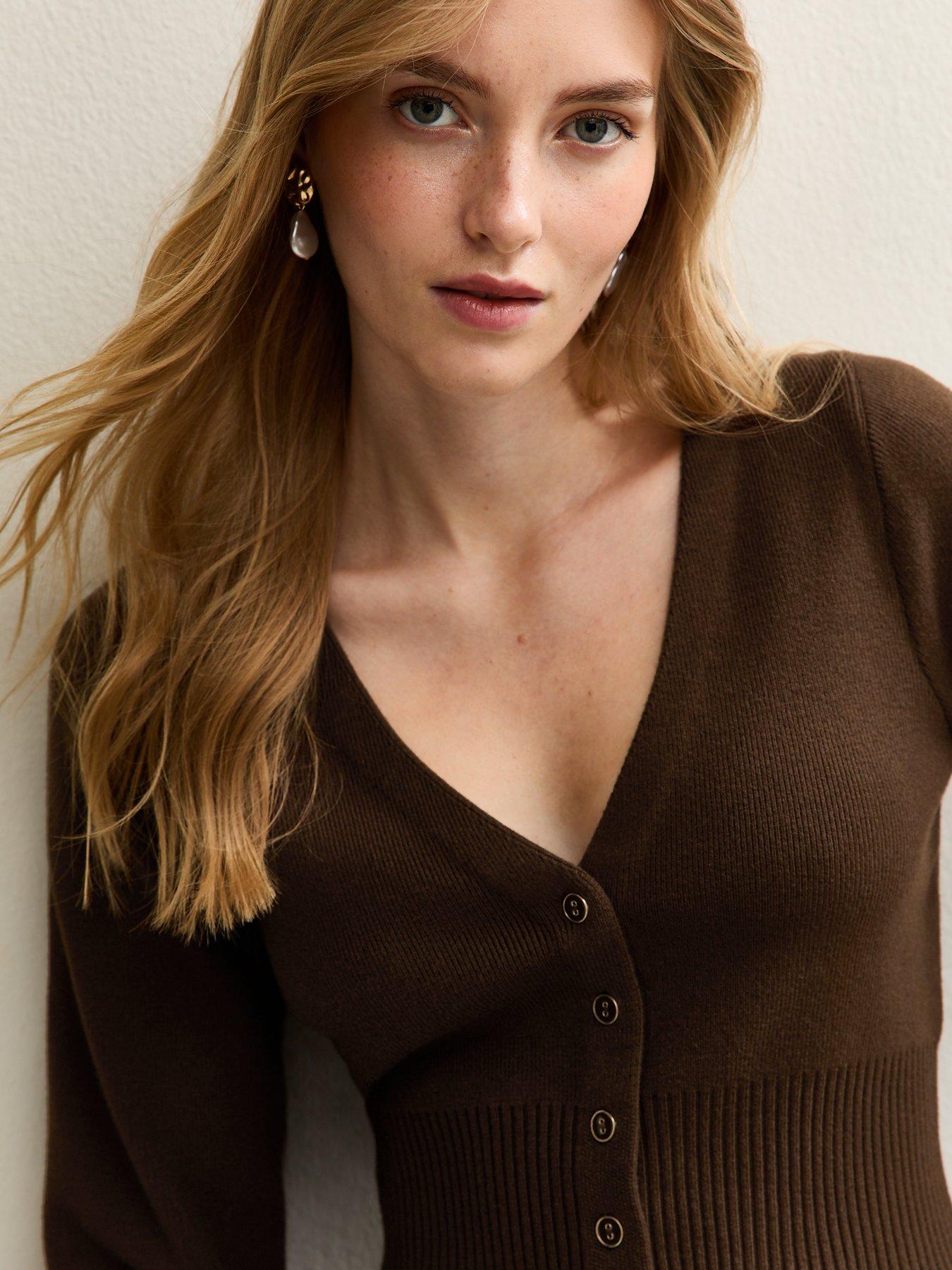 undefined Compact Knit Peplum Hem Cardigan - Brown