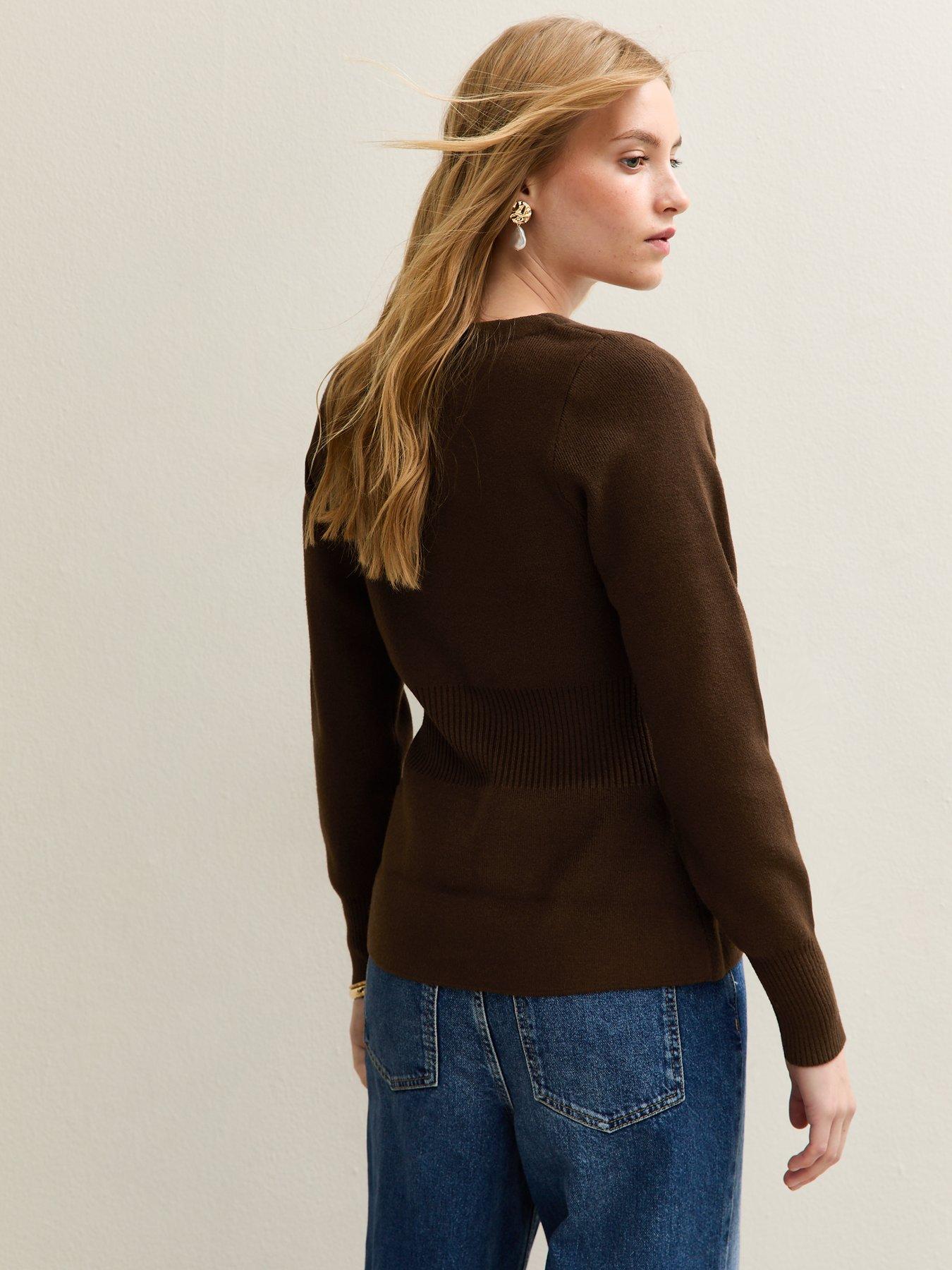 Image 2 of 5 of New Look Compact Knit Peplum Hem Cardigan - Brown