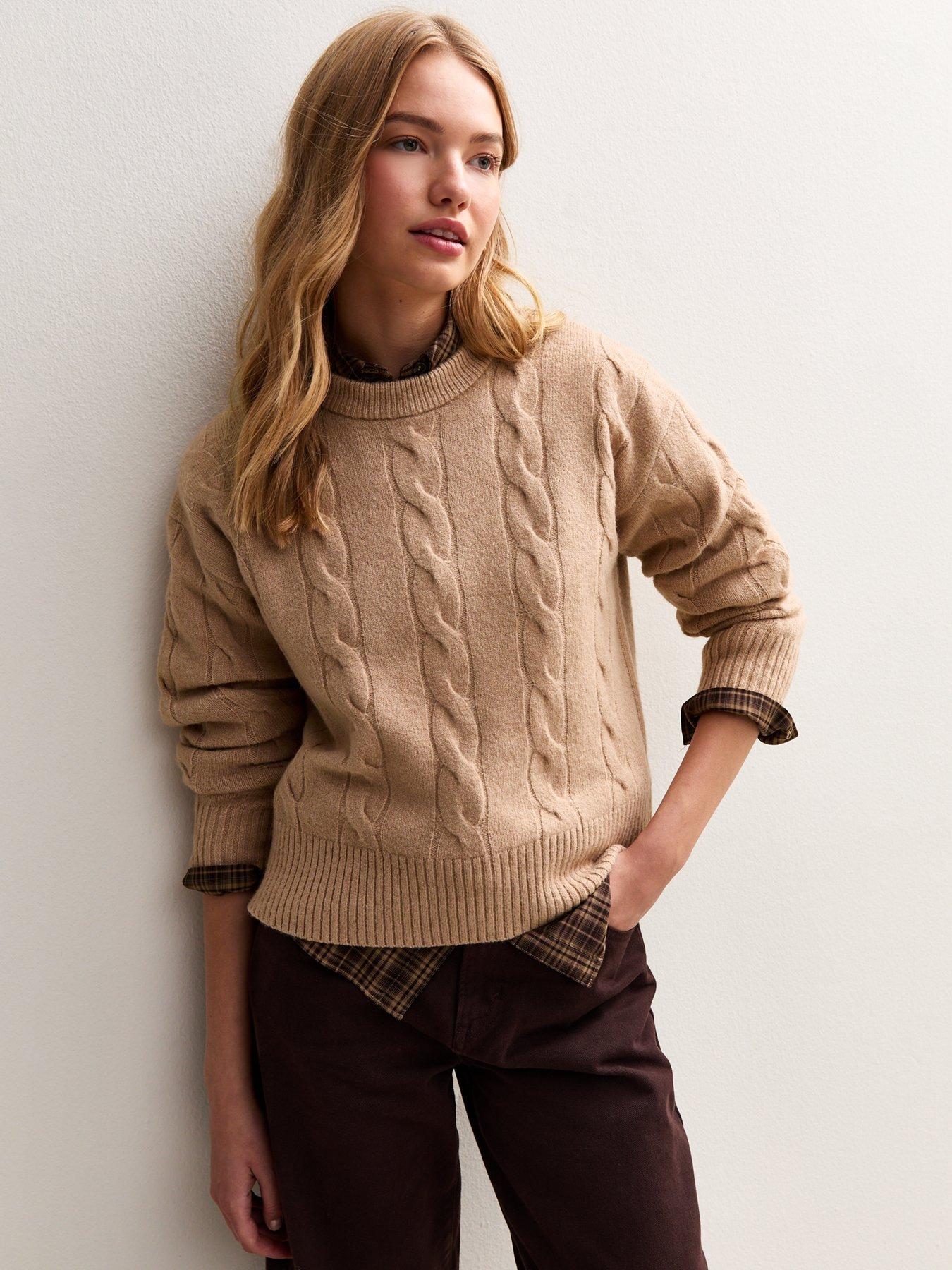 undefined Cable Knit Crew Neck Jumper - Camel