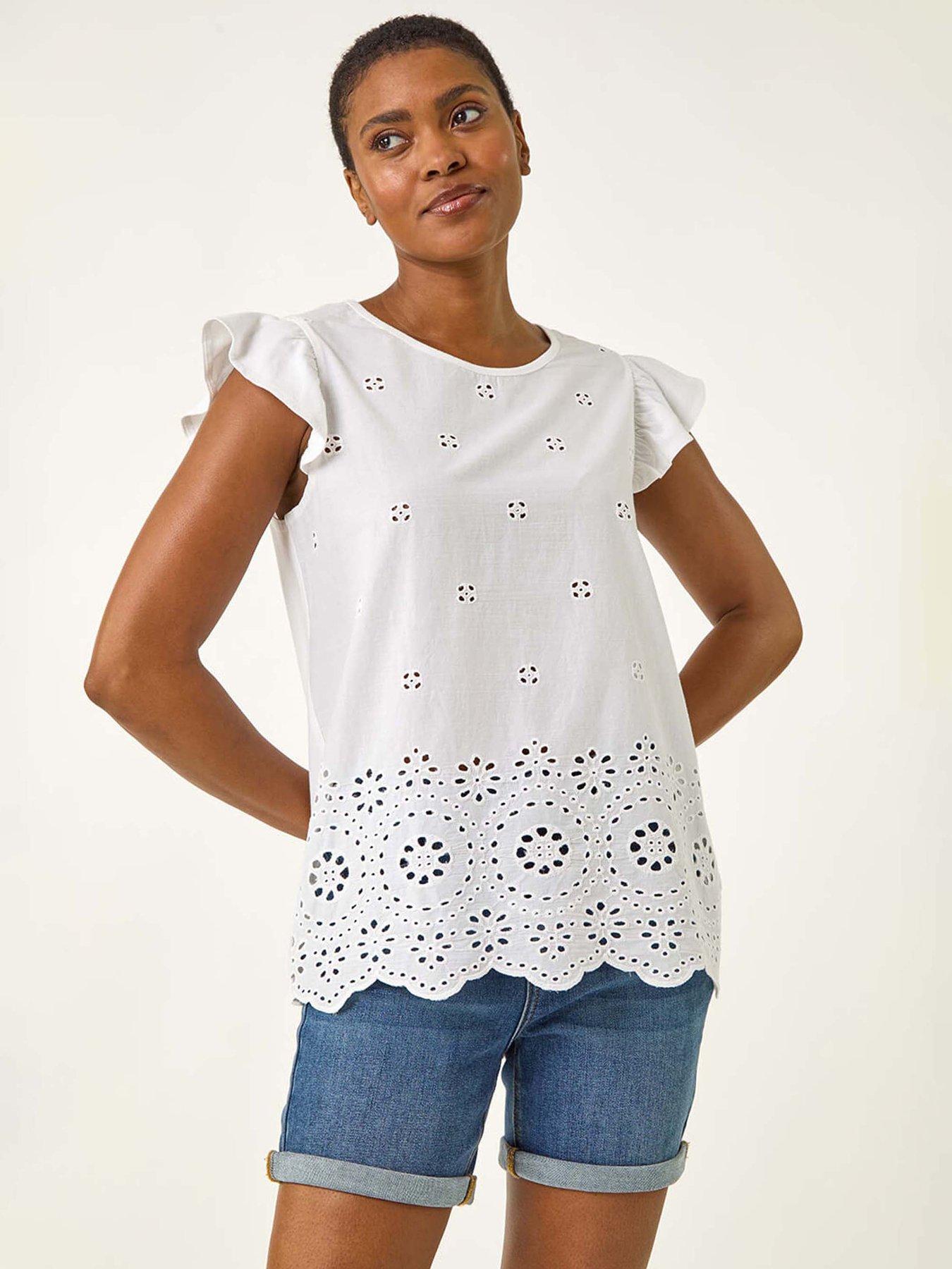 undefined Broderie Hem Stretch Top - White