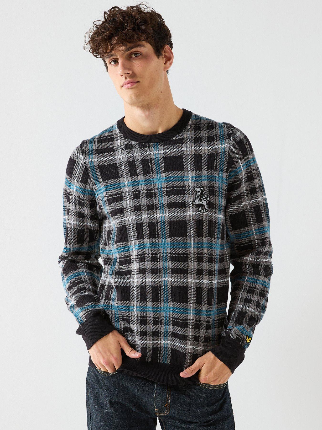  image of lyle-scott-knitted-jacquard-tartan-crew-neck-jumper-black-multi