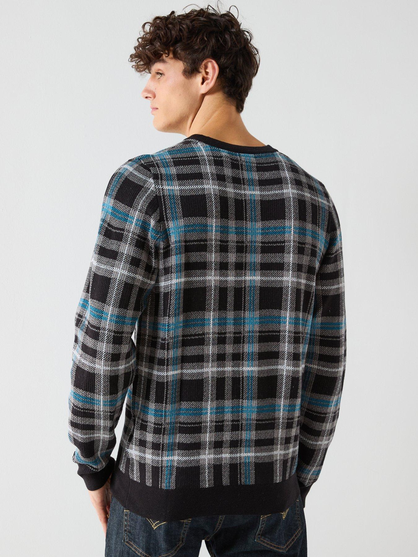  image of lyle-scott-knitted-jacquard-tartan-crew-neck-jumper-black-multi