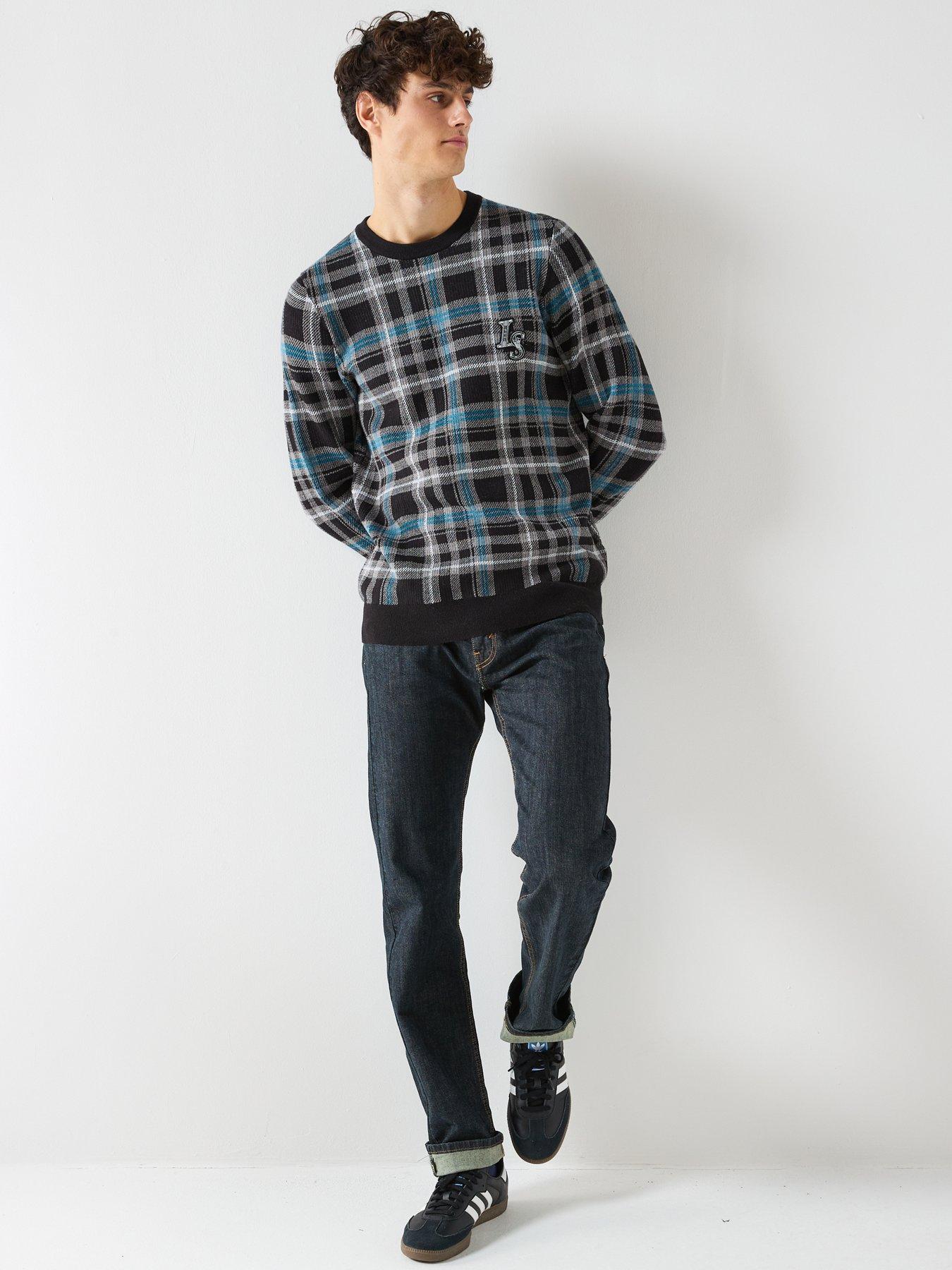  image of lyle-scott-knitted-jacquard-tartan-crew-neck-jumper-black-multi