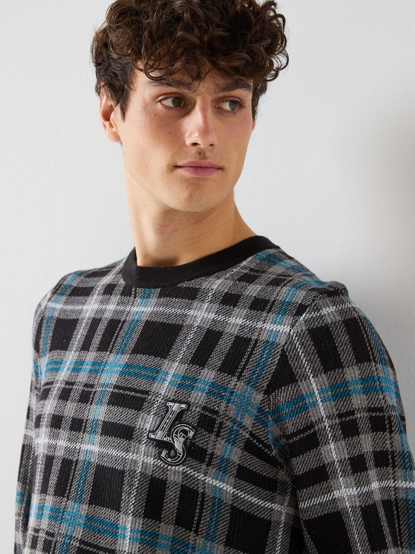  image of lyle-scott-knitted-jacquard-tartan-crew-neck-jumper-black-multi
