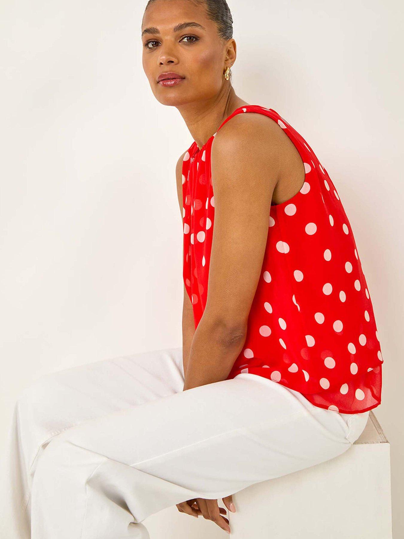 Image 4 of 5 of Roman Spot Print Double Layered Pleated Top - Red