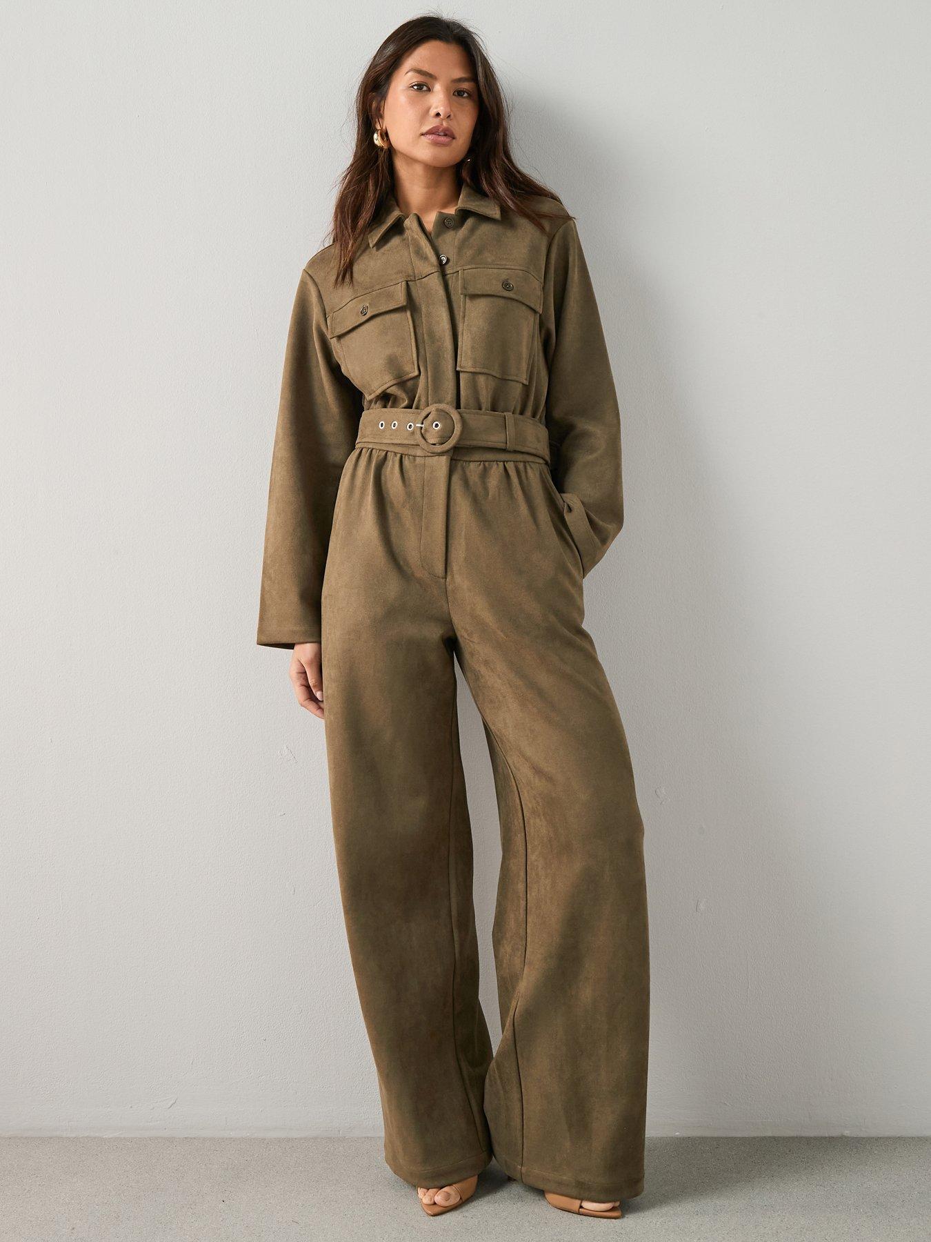 The Very Collection Long Sleeve Faux Suede Jumpsuit - Green