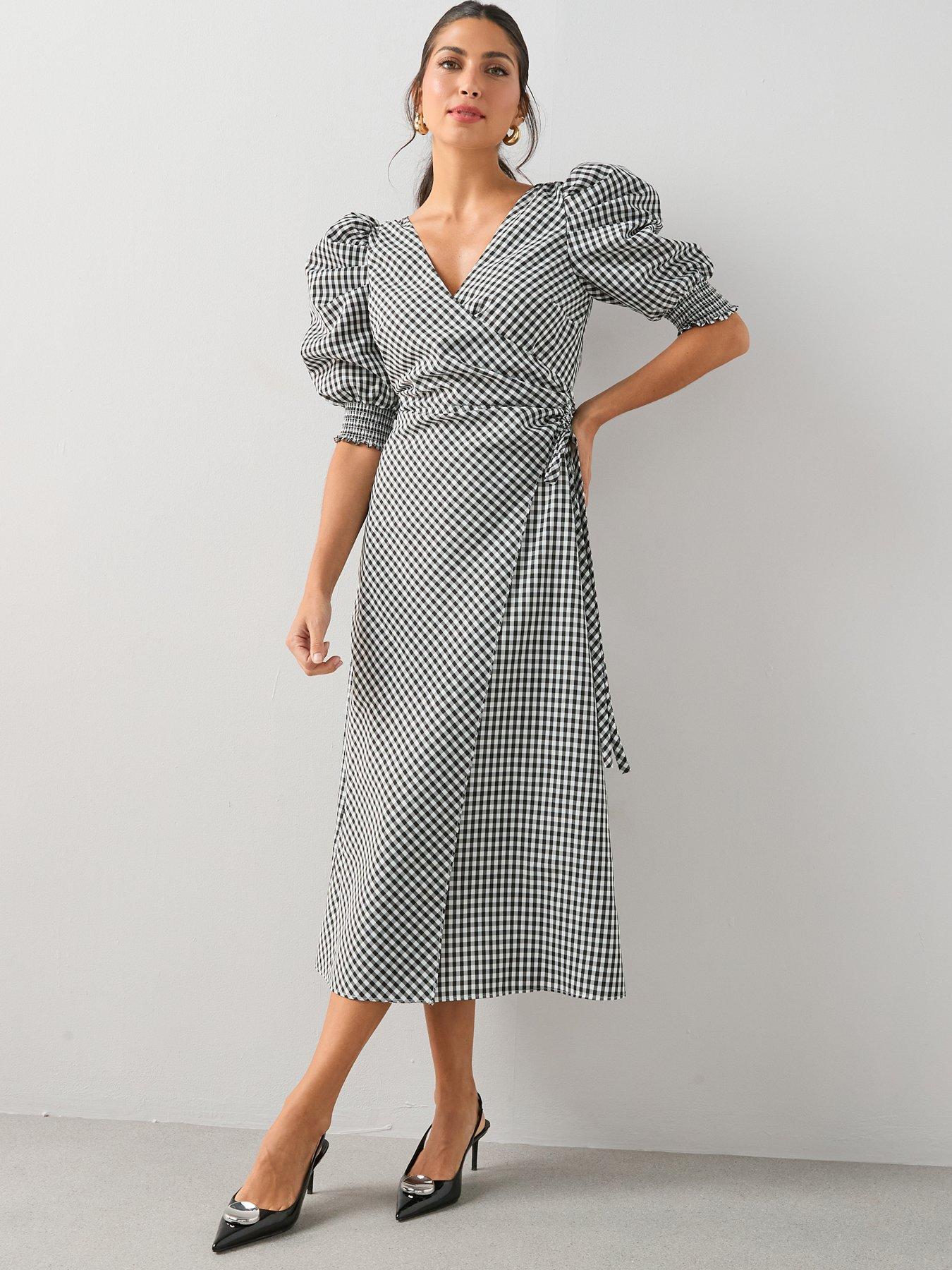 front image of the-very-collection-wrap-midi-dress-gingham-print